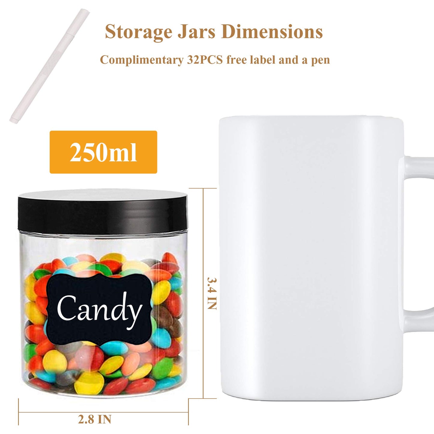 Hajoyful Plastic Jars with Lids Empty Slime Cosmetics Containers Clear Gift Food Jars Round PET Cream Jar with Black Lids Pen Labels for Kitchen Storage Spices Dry Food Body Butter Making(8OZ 32PCS)