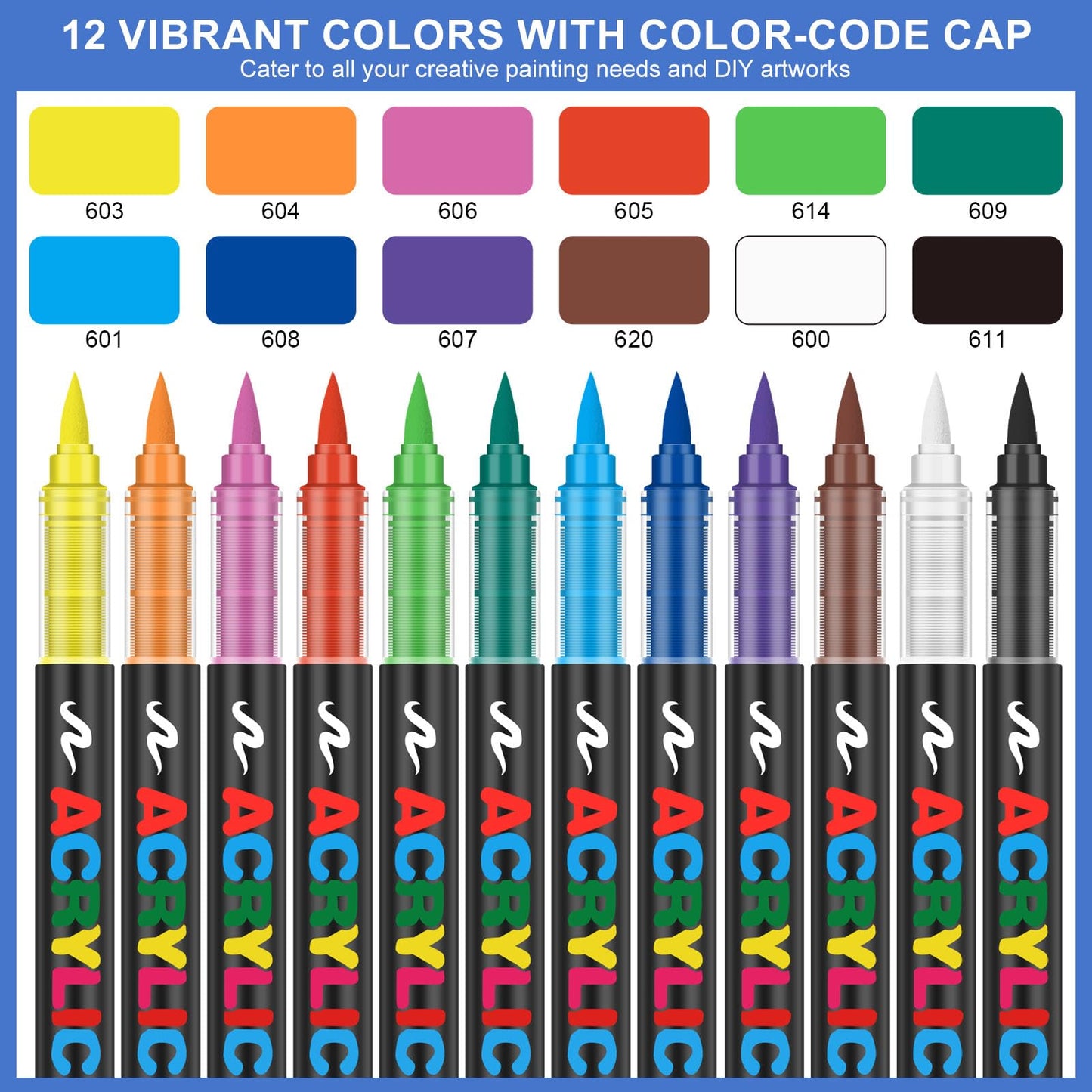 Amamao Acrylic Paint Markers, Soft Brush Tip Pens and Markers, Acrylic Paint Pens for Wood, Stone, Canvas, Glass, Fabric, Egg, Rock Painting and DIY Crafts Art Supplies (12)