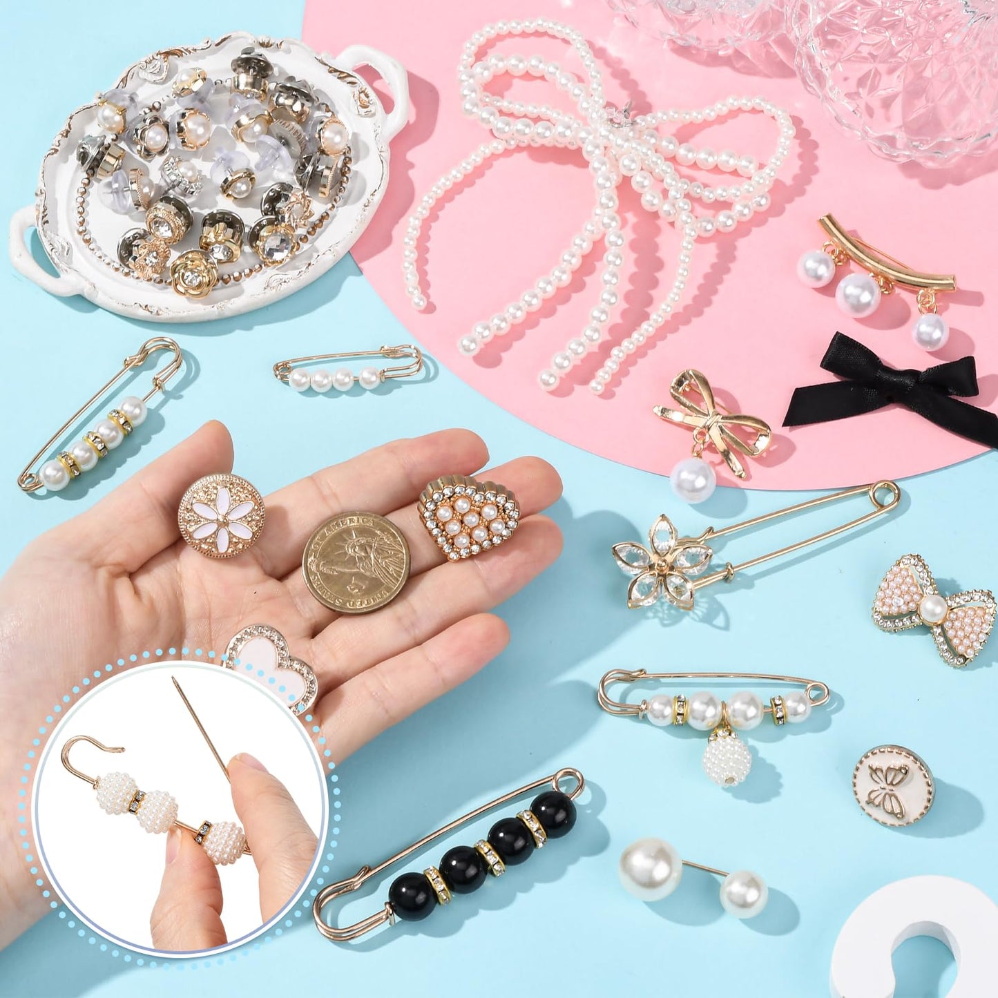 HUAAPLEVLA 44 Pcs Bling Shoe Charms for Sneakers Junk Socks Charms Kit Gold Brooches and Pins for Women Shoelace Charm for DIY Shoe Accessories and Personalizing Socks Clothes Hats Bags Decoration