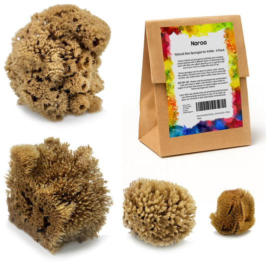 Naroa Artist Natural Sea Sponges for Painting 4 Pack | Unique Tool Set Unbleached | Great for Artists & Children | Acrylic, Watercolor, Marbling, Texturing, Pottery, Ceramics