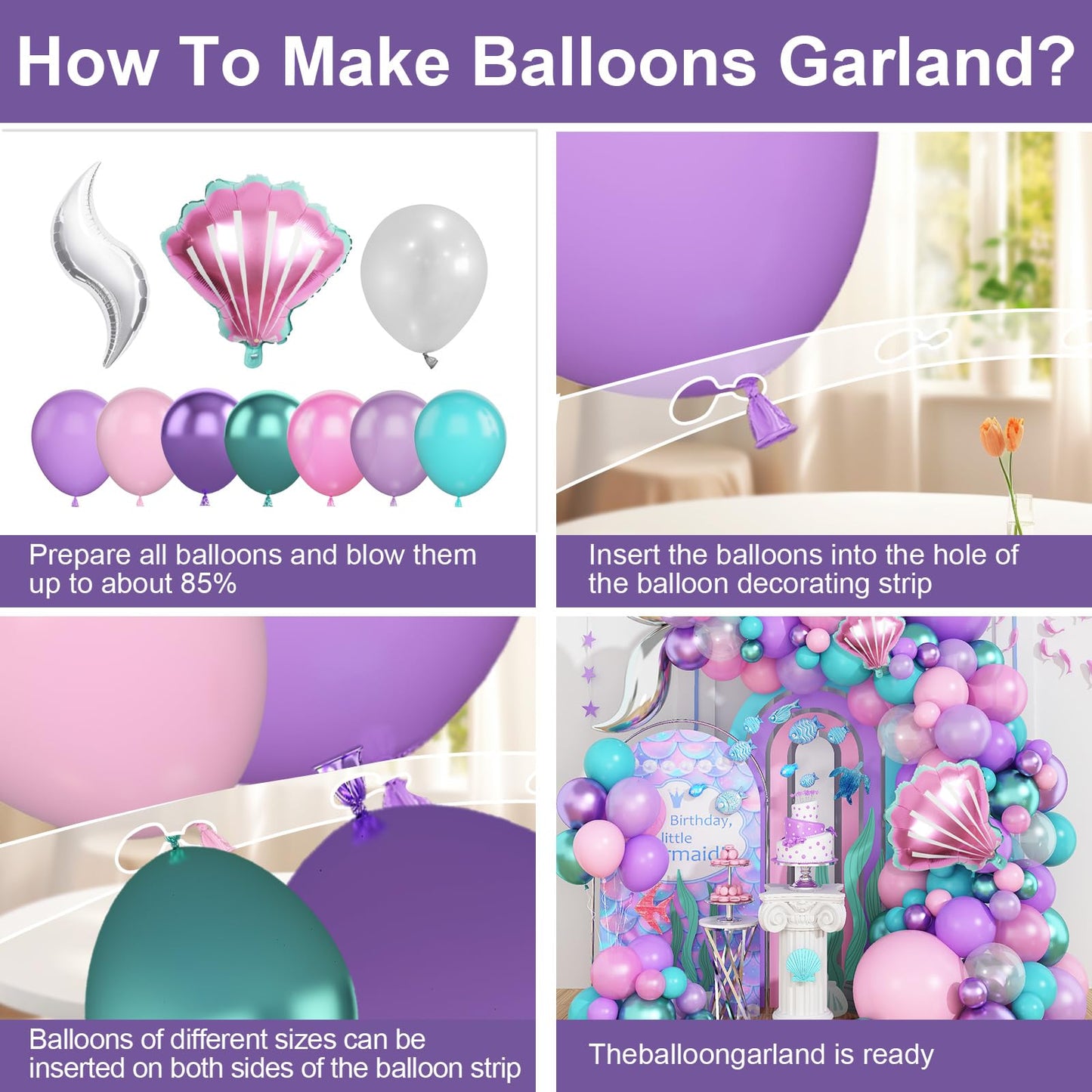 Mermaid Balloon Arch Garland Kit, Mermaid Tail Balloon Garland with Pastel Pink Purple Green Teal Metallic Latex Balloons for Girls Birthday Baby Shower, Under the Sea Shell Theme Party Decor Supplies