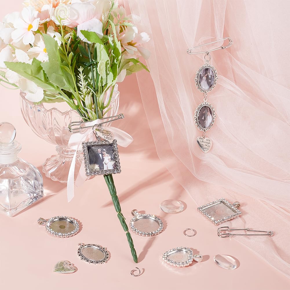 UNICRAFTALE 4 Sets 4 Styles Wedding Bouquet DIY Photo Charm Bouquet Memorial Bridal Charm Oval Round Pin Brooch Making Kit Heart Memorial Locket Cabochon Pendants for DIY Wedding Party Bridal Shower