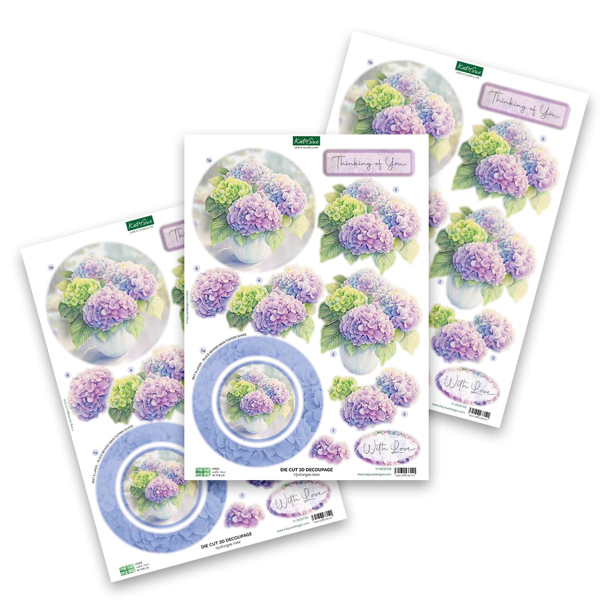 Katy Sue Designs Thinking of You 3D Die Cut Decoupage Collection for Card Making Supplies. Contains 12 Sheets of Katy Sue Die Cut Decoupage Featuring Lavender, Lillies, Hydrangea, and Roses