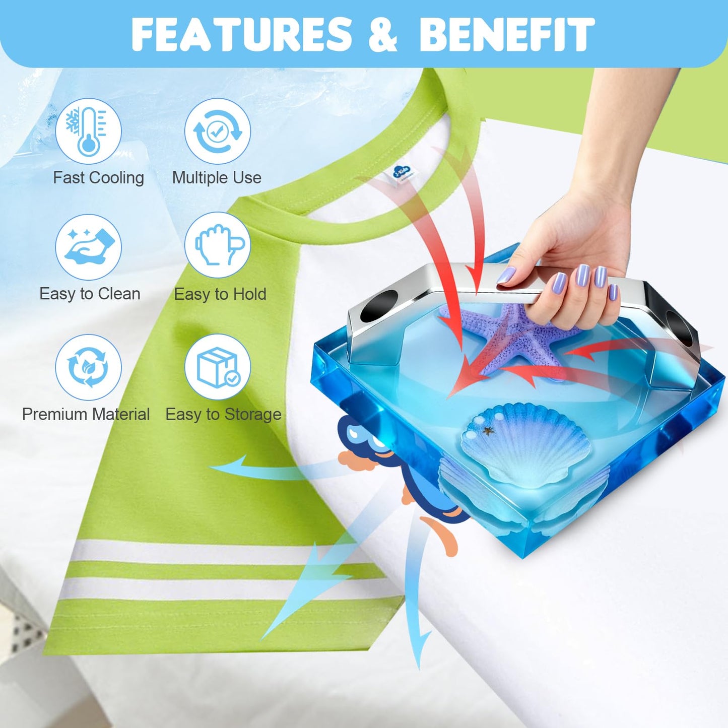 HTV Cooling Block with Handle, Craft Tool Cooler for Heat Press Accessories and Supplies, DTF Transfer Film& Heat Press Paper Vinyl Accessories, DTF Cooling Block with 4"x4"（Ocean Star）