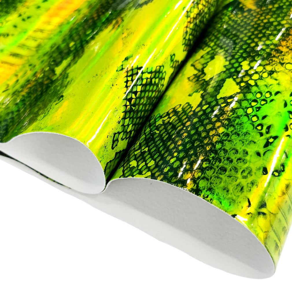 HYANG Holographic Mirror Snake Fluorescent Green PU Faux Leather Sheets 1 Roll 12"X53"(30cmX135cm), Faux Leather Fabric Very Suitable for Leather Earrings, Bows, Handbag ，Sewing ，Crafts Making