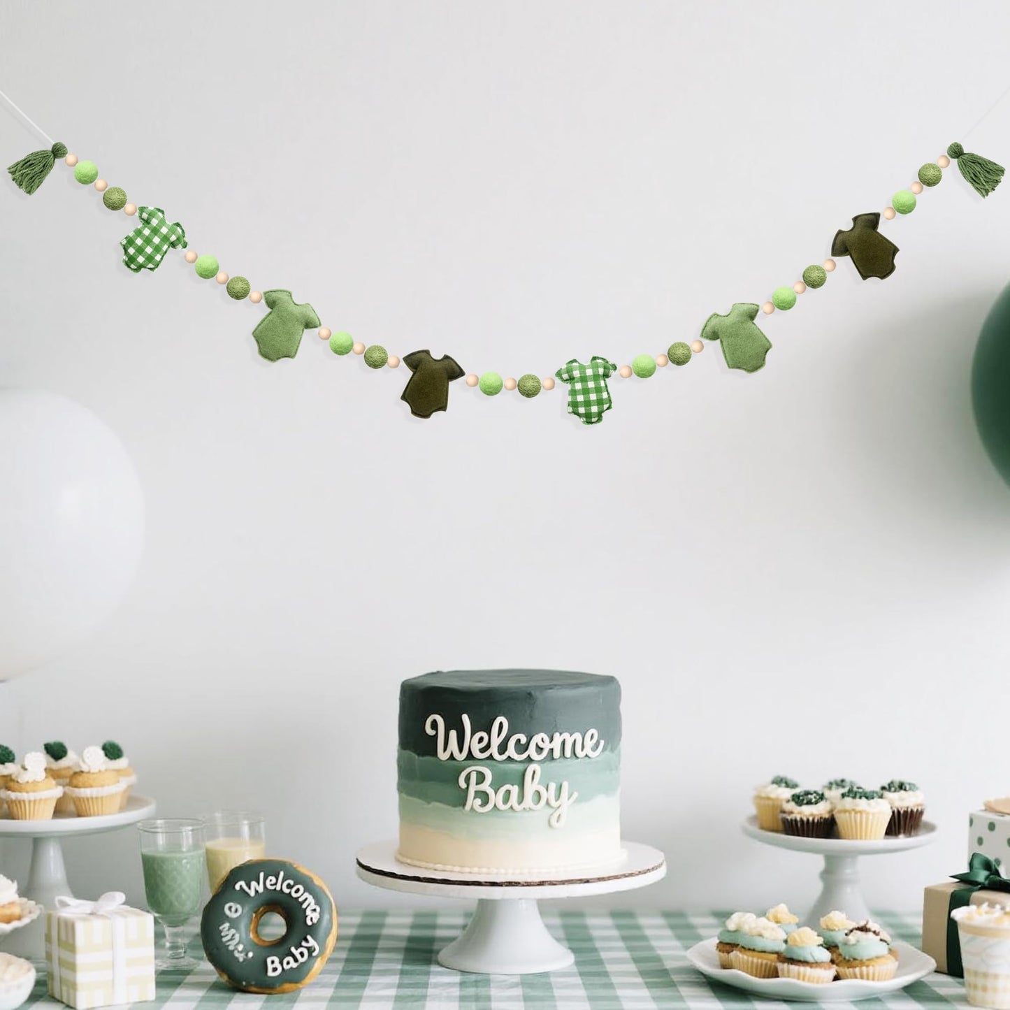 Sage Green Plaid Baby Clothes Decorations Pre-Strung Handmade Felt Baby Clothes Wooden Bead Wool Felt Ball Banner Garland for Neutral Gender Reveal Baby Shower Party Nursery Fireplace Home Decor