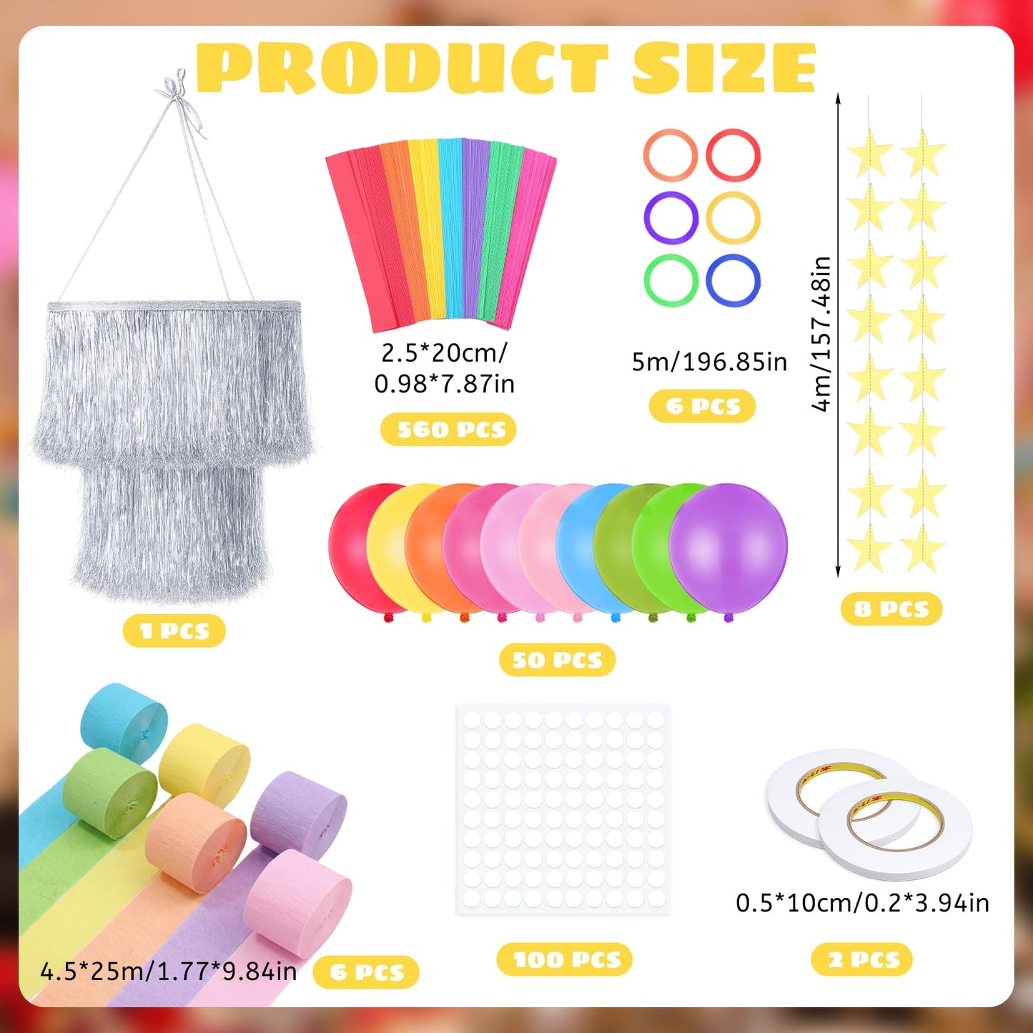 Blueweenly Fancy Princess Birthday Party Decorations Set Paper Chain Garland Strips DIY Crafts Crepe Paper Streamer Glitter Star Fringe Chandelier Balloons for Wedding Birthday(Rainbow,Small,8 Pcs)
