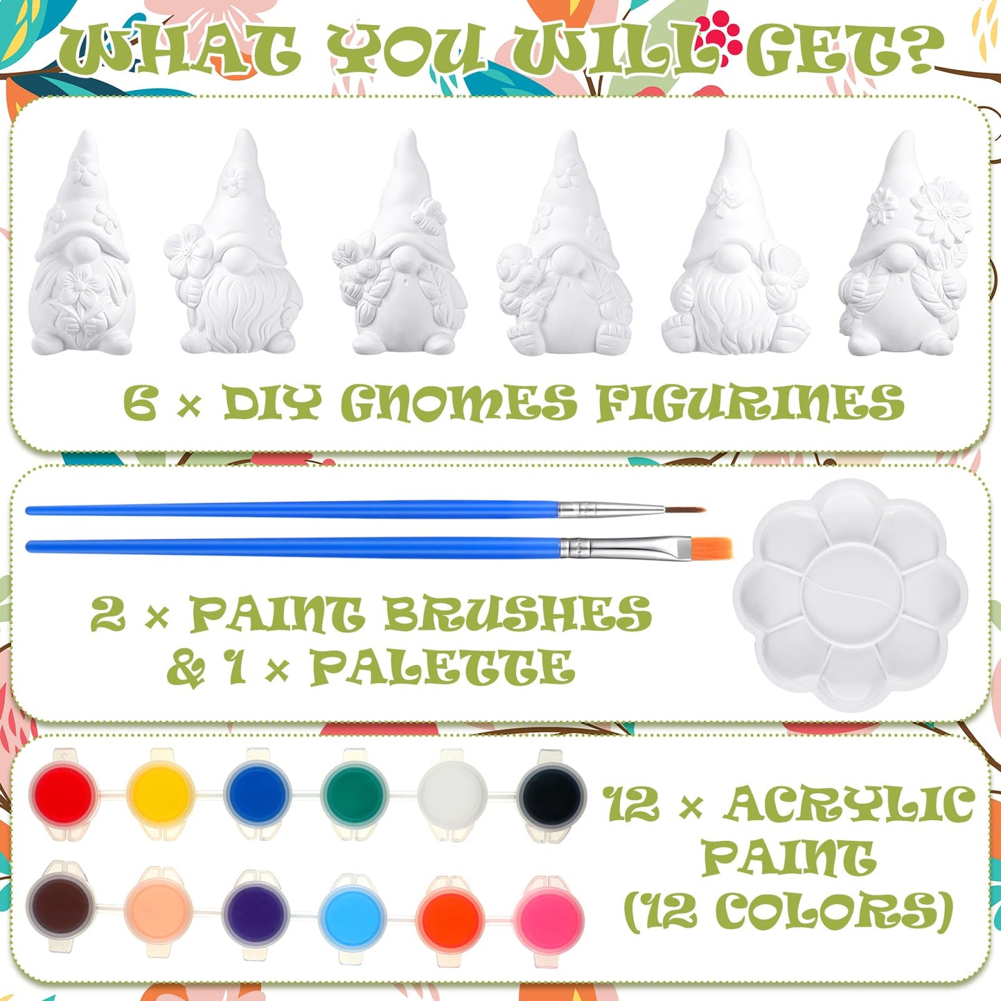 Poen 6 Sets Ready to Paint Your Own Ceramic Gnome Statues Spring DIY Unpainted Ceramics Gnome Figurines Kit Spring Crafts Gifts Drawing Figurines DIY Art and Craft with Brush Palette Paint for Adult