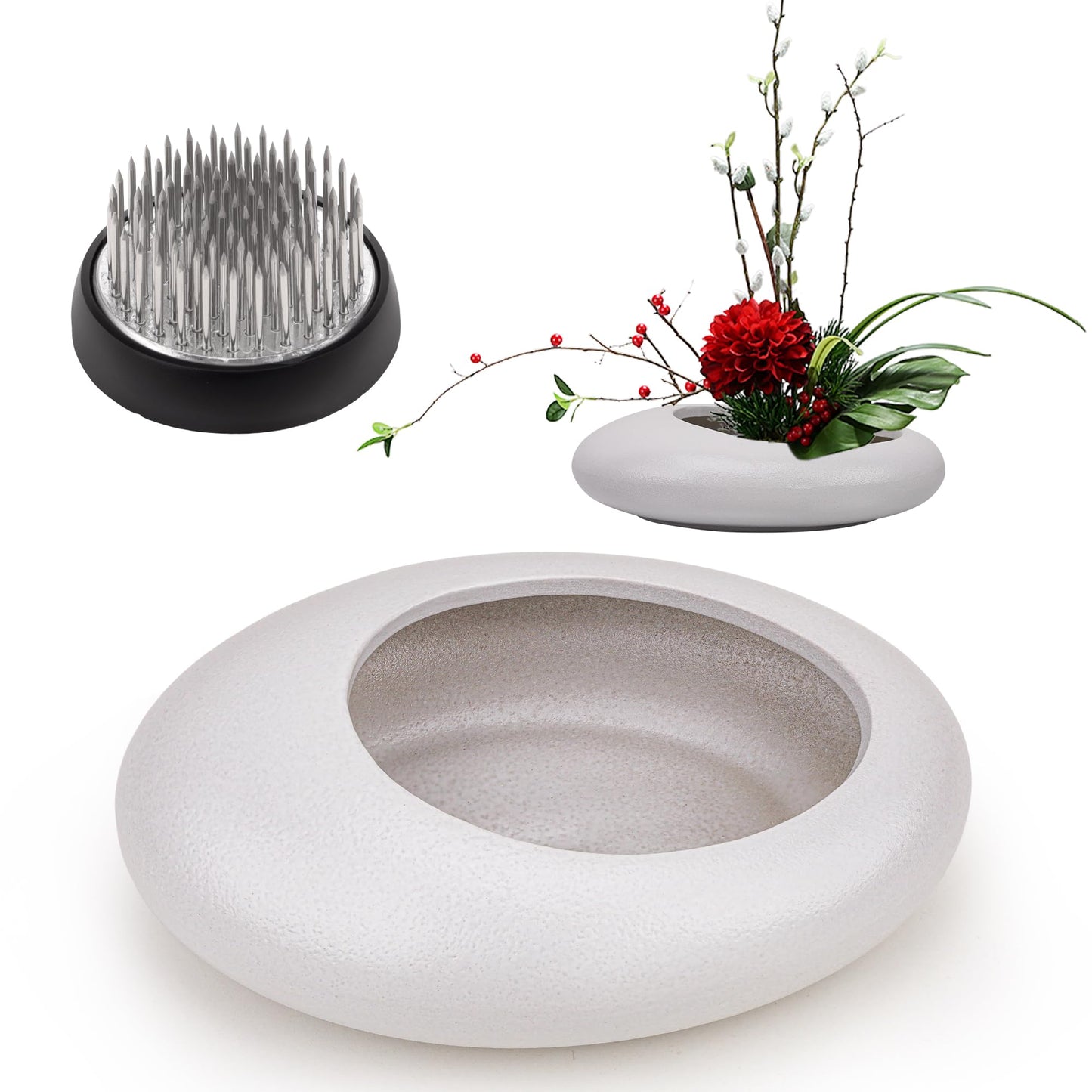 Folmywy Ikebana Flower Frog Vase Kit Japanese Flower Arrangement with 1.57 Inch Kenzan Ceramic White Pebble Shaped Bowl for Ikebana Teaching Aids Art Supplies Home Decor (5.51x4.13in)