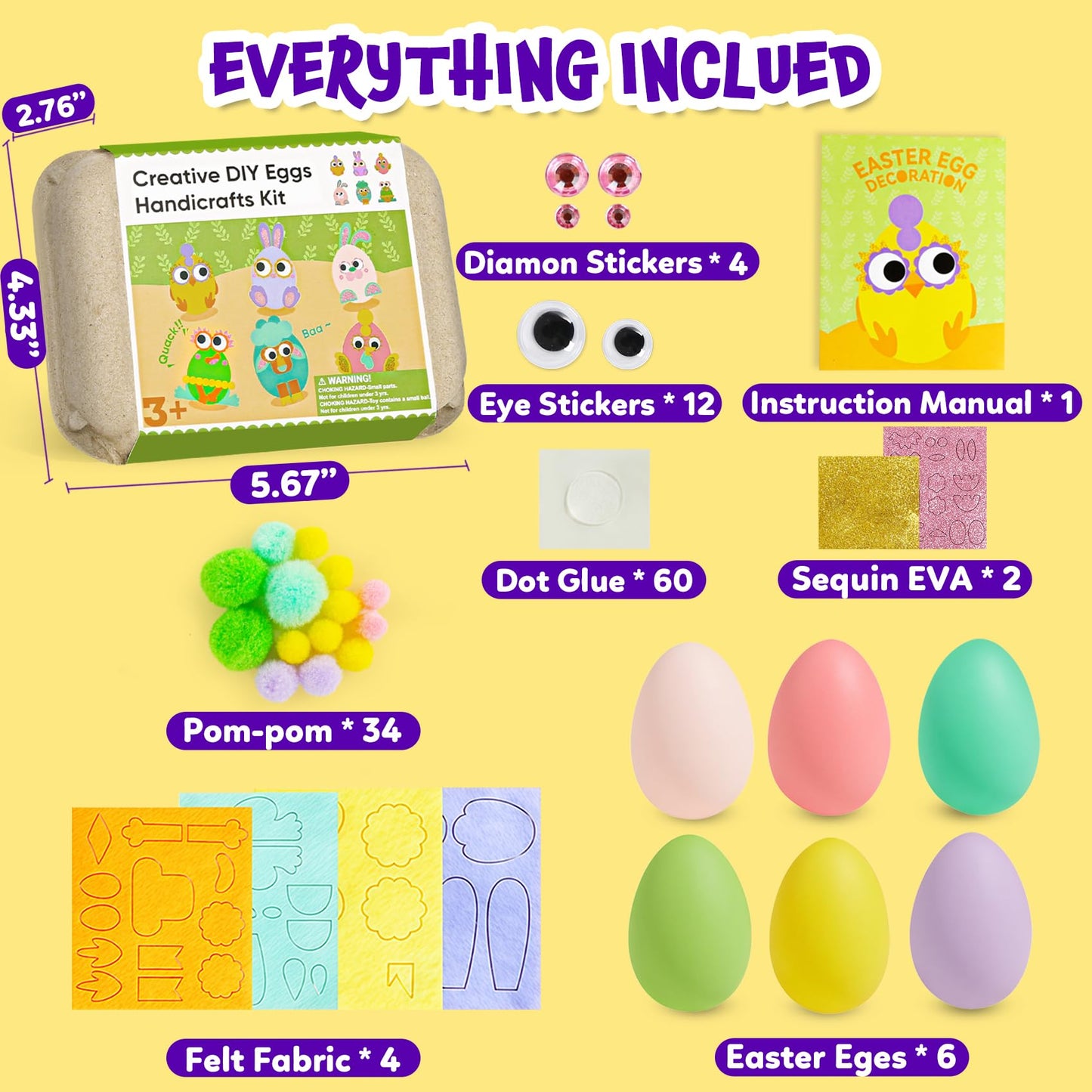 CZTCDP Arts and Kids Crafts Kits - Egg Pom Poms Decoration Craft Supplies & Materials for Toddler DIY School Supplies Kit Birthday Gifts for Girls Boys Age 2-4
