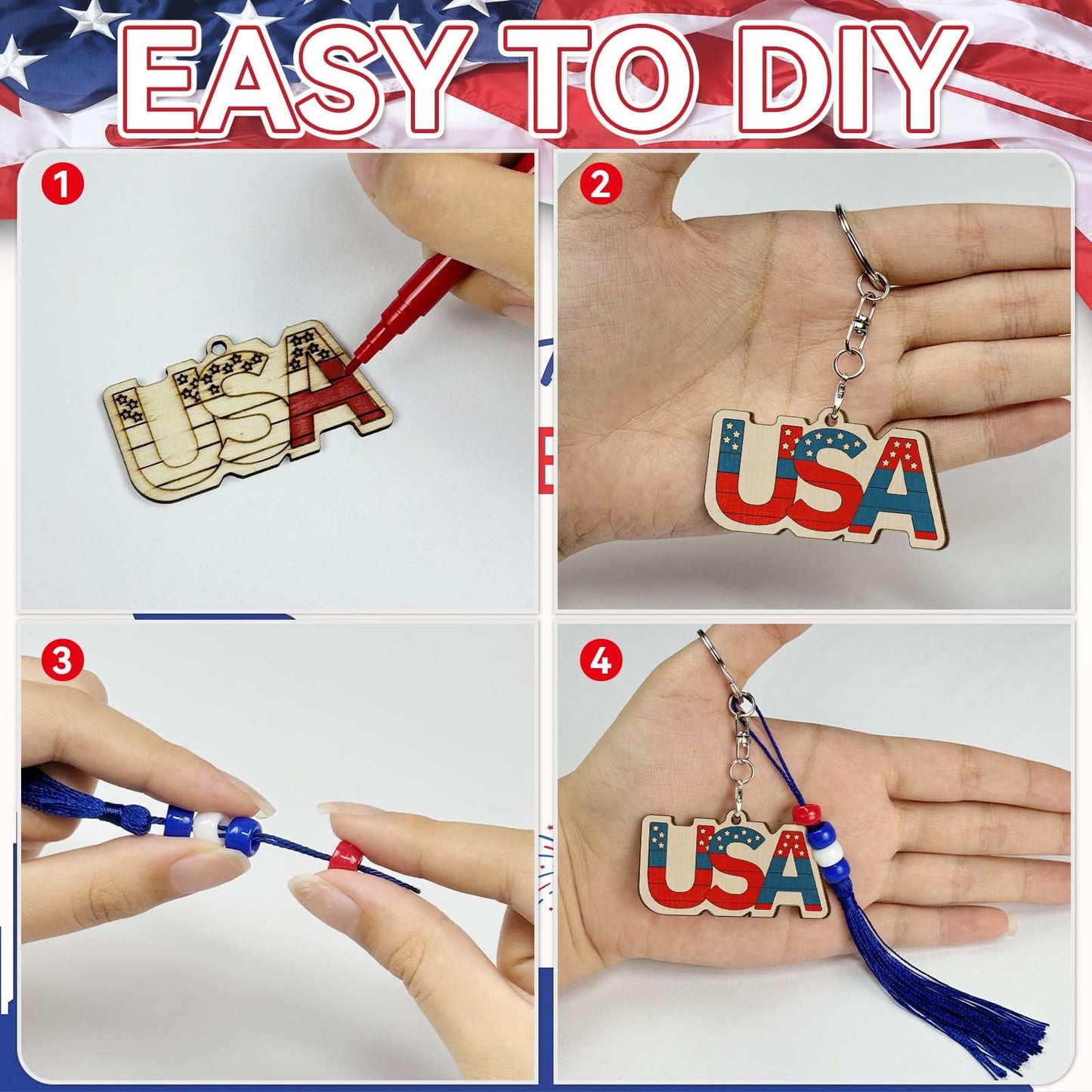 Cinrobiye 24 Set Patriotic Crafts Kits DIY Art and Craft Kit Bulk 4th of July Wooden Paint Keychains Gifts for Home School Art Project Activitiy 250th Anniversary Memorial Day Independence Day Decors