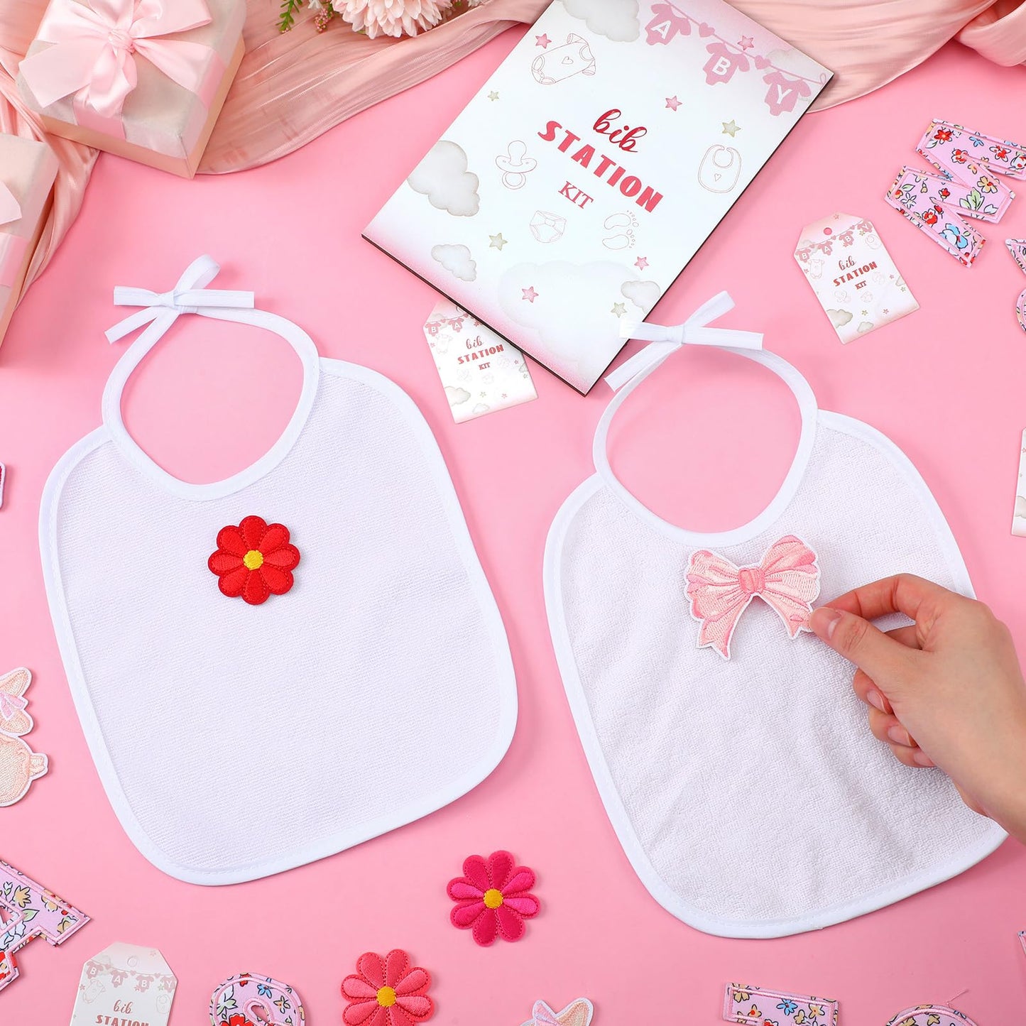 Jiuguva 72 Pcs DIY Bib Decorating Kit Baby Shower Games Set 10 DIY Blank White Bibs 50 Pink Iron on Patches Baby Shower Activity Kit for Gender Reveal Party Supplies