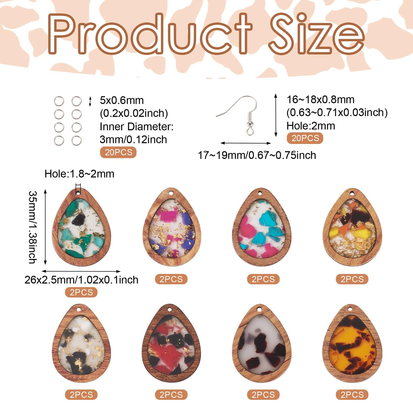 Boutigem 56Pcs Wood Dangle Earring Charm Kit with Teardrop Resin Wood Pendants Earring Hooks Jump Rings for DIY Women Jewelry Making Necklace Keychain Decor