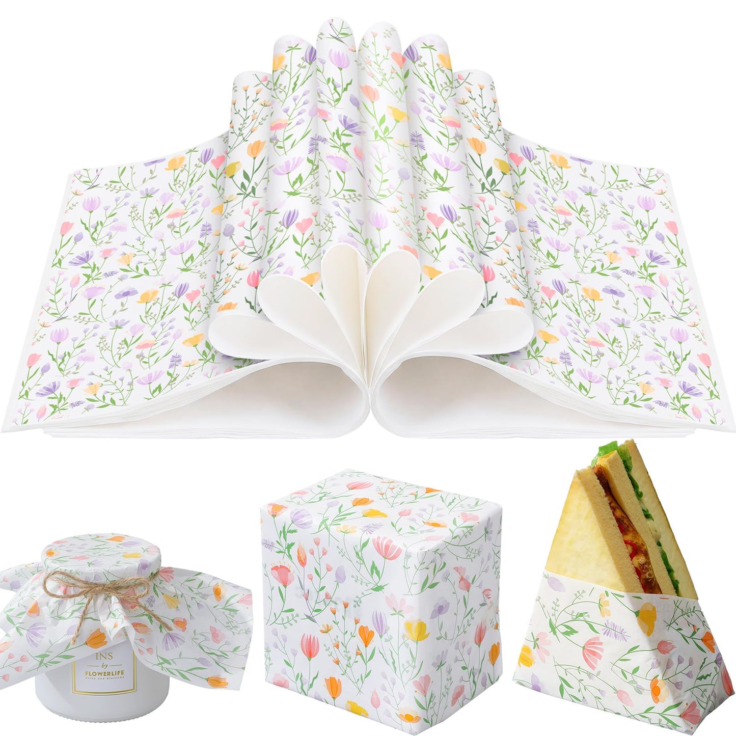 Humyoun 100 Sheet Spring Wildflower Wax Paper for Food Tissue Paper Gift Wrapping Floral DIY Baking Kitchen Package for Spring Wedding Picnic Hamburgers Sandwiches Desserts