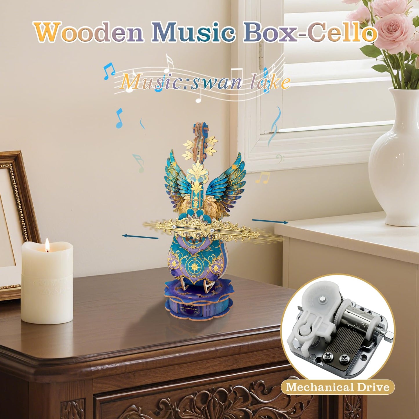 3D Wooden Puzzles for Adults, Mechanical Cello Music Box Kit with Base, DIY Wooden Model Kits to Build, Birthday Valentine's Day Gifts for Women Men, Music Box Puzzle Lover