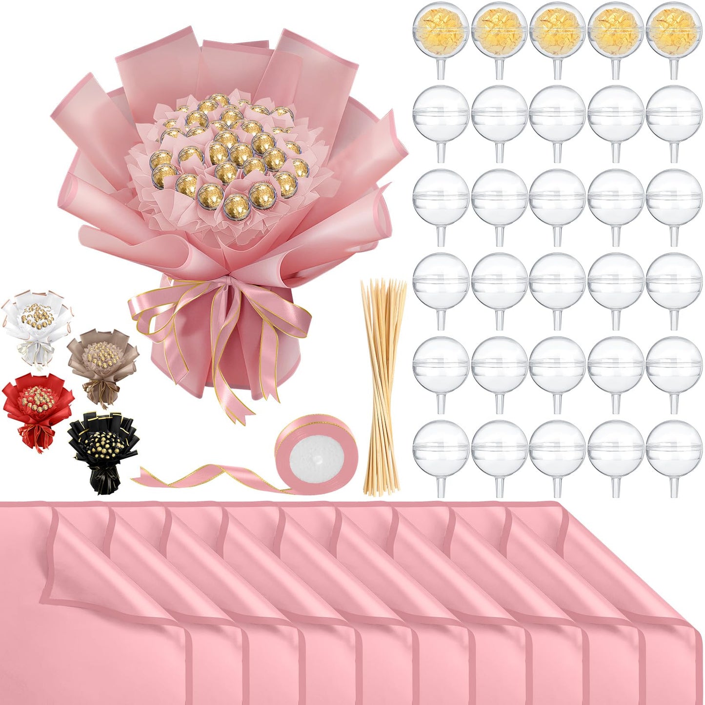 Funnymoom 71 Pcs DIY Chocolate Flower Bouquet Kit Graduation 2026 Candy Rose Clear Acrylic Lollipop Ball Holder Mother's Day Flower Wrapping Paper Ribbon Accessories Birthday Gift(Pink)