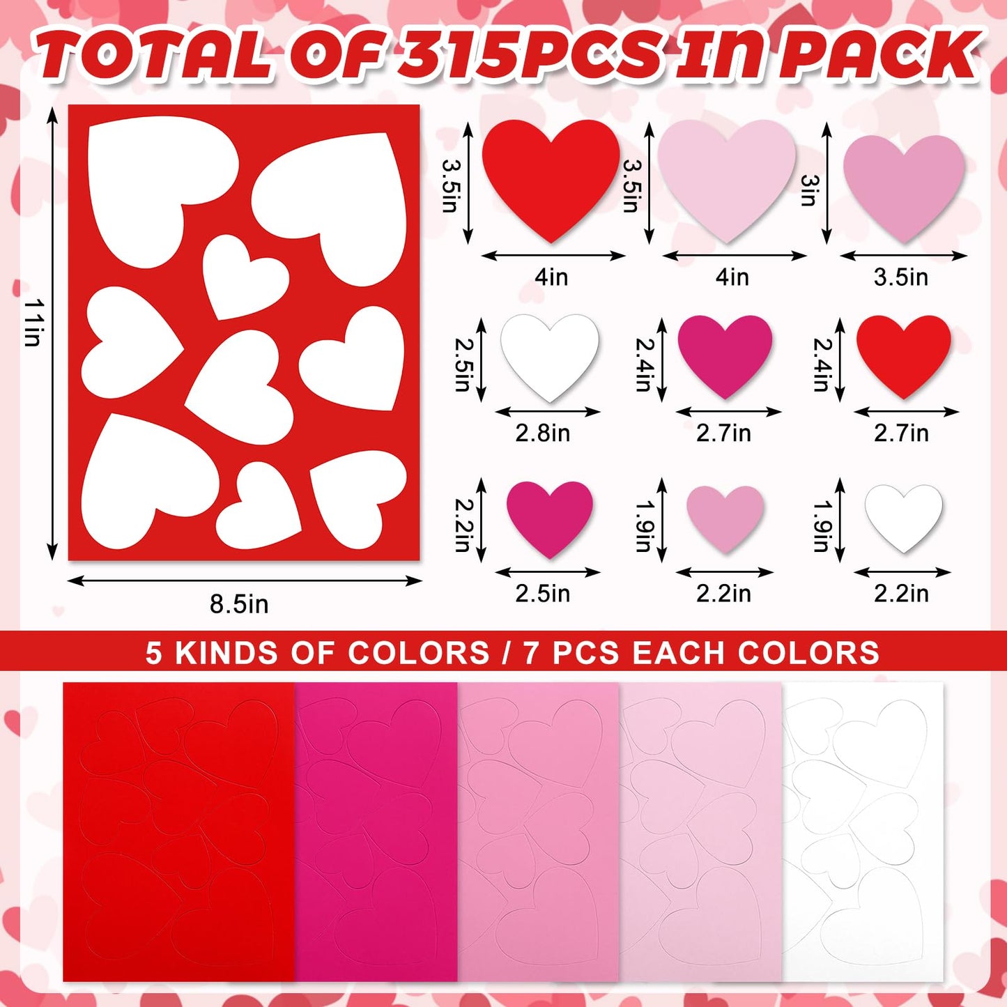 FYSUIMU 315Pcs Valentine's Day Paper Cutouts Paper Hearts Gradient Pink Red Heart Cut-Outs 2-Sided Card Stock Punch Out Hearts Die Cuts for Valentine Party Supplies Bulletin Boards Kids DIY Crafts