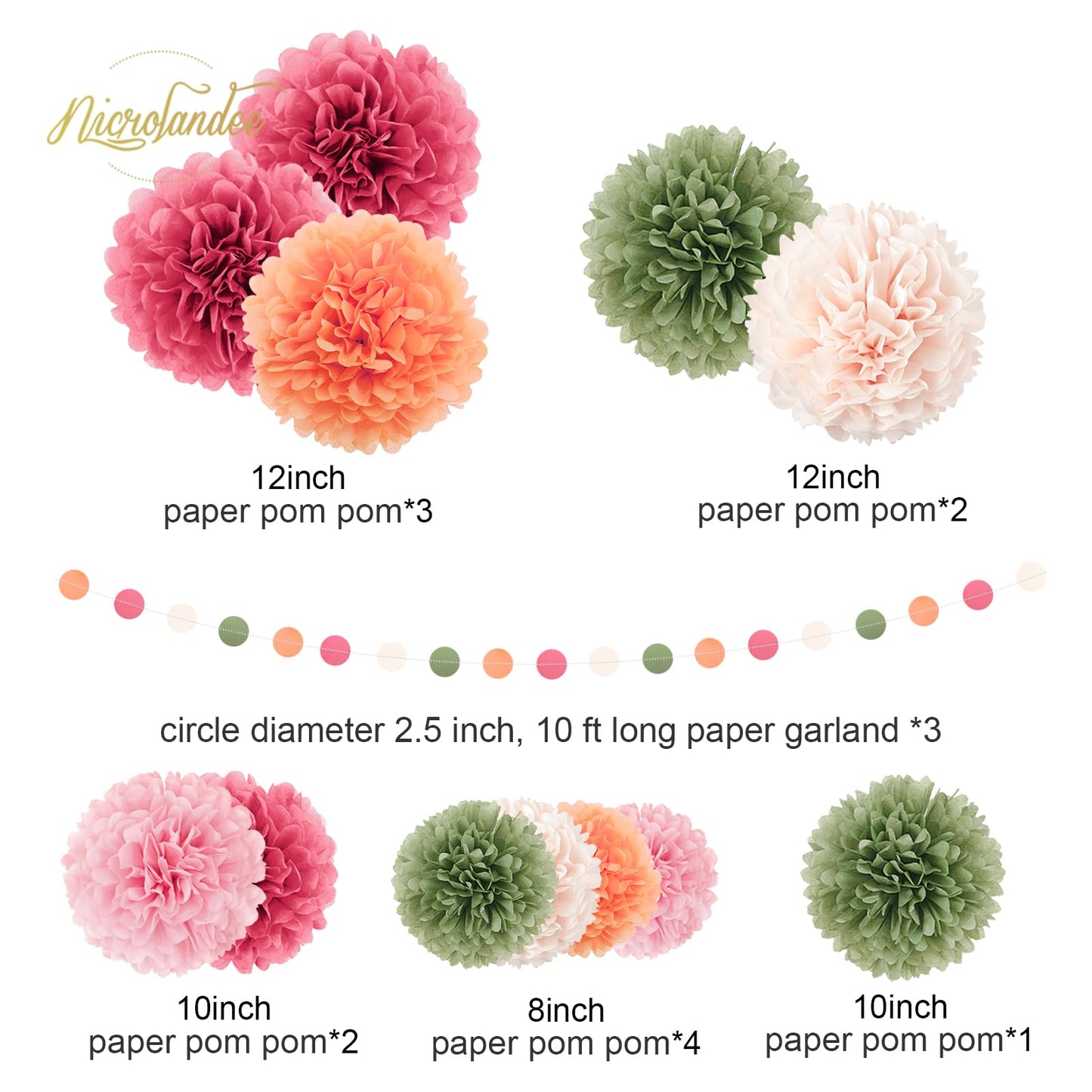 NICROLANDEE Wedding Party Decorations - 15Pcs Pink, Sage Green, Ivory Tissue Paper Pom Pom for Birthday Pastel Decorations, Engagement Baby/Bridal Shower Anniversary Valentine Dot Paper Backdrop Decor