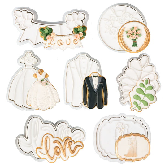 Flycalf Love Cookie Cutters Set of 7 with Plunger Stamps Holiday Gifts Baking Cake PLA Kitchen Diamond Love Ring Shapes for Kids 3" Mold Supplies Biscuit Tools