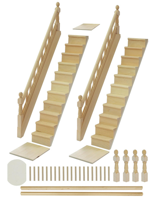 iLAND 1/12 Scale Accessories of Miniature Wooden Dollhouse Staircase with Adjustable Handrails and DIY Railing Complete 2 Stairs Sets for Modern or Victorian Dollhouse Building