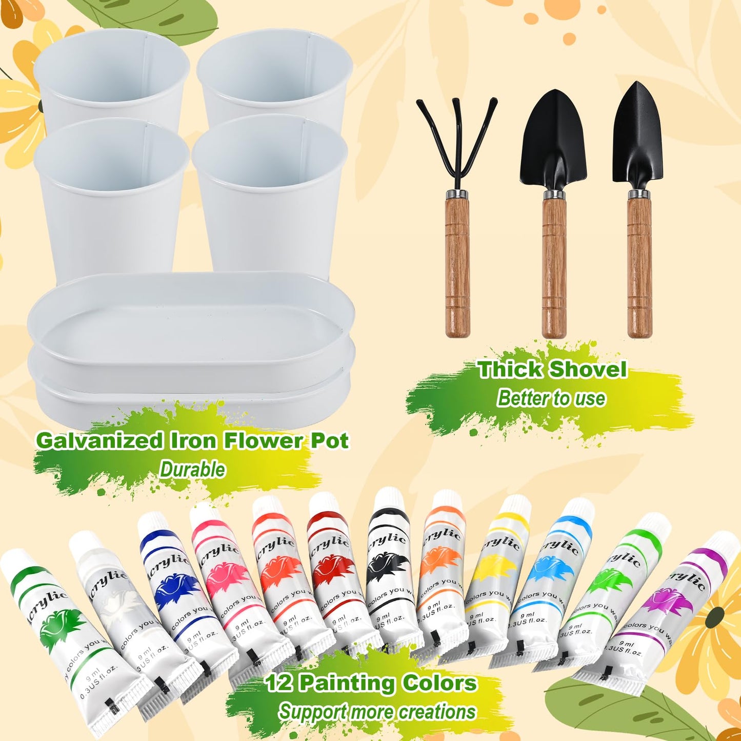 4 Pcs Kids Plant Growing Kit | Kids Gardening Set Crafts for Girls 8-12 | Kid Crafts Ages 4-8, Flower Making Art Kit for Kid 6-9, Plant Growing Set with 4 Zinc Pots, 12 Colors 9ml Paints Girl Gift