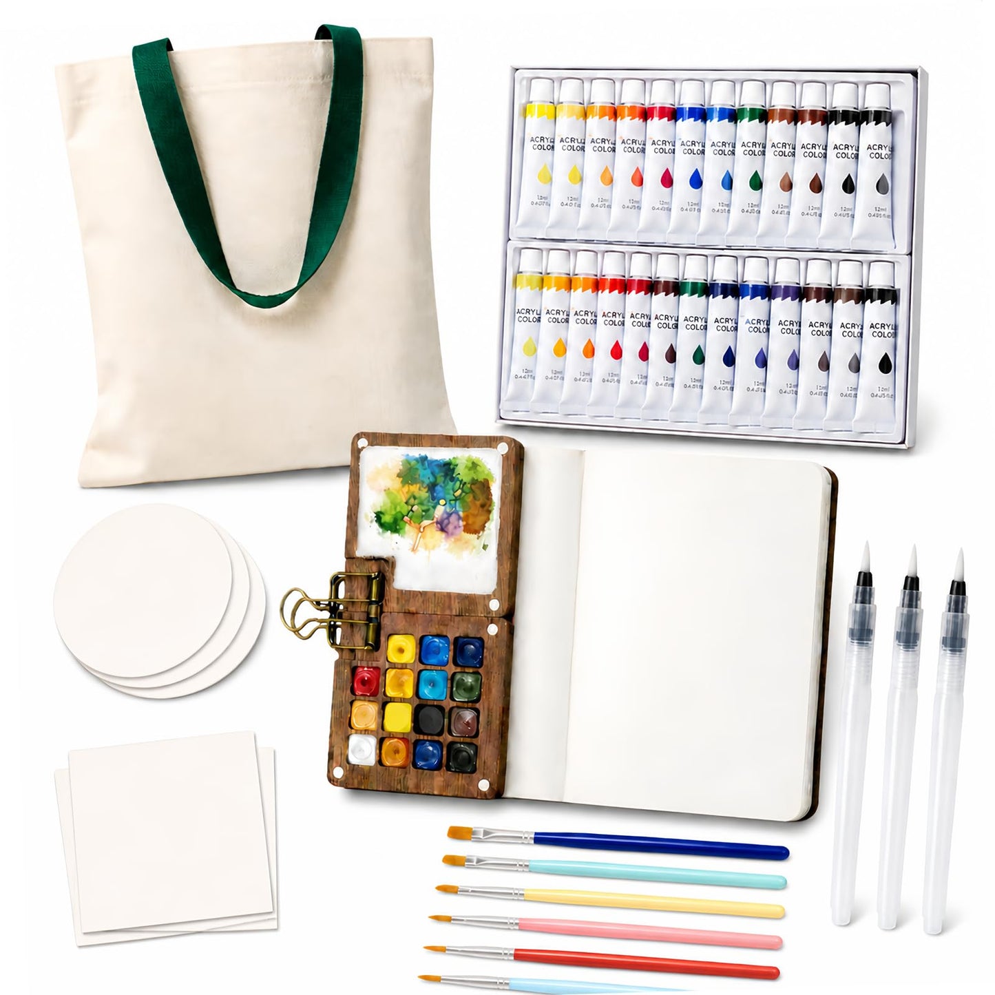 fsdyknej Portable Mini Painting Set – Compact Travel-Friendly Kit with Brushes, Palette, Mini Sketchbook, and Watercolor Paper for Artists, Beginners, and Travel Enthusiasts