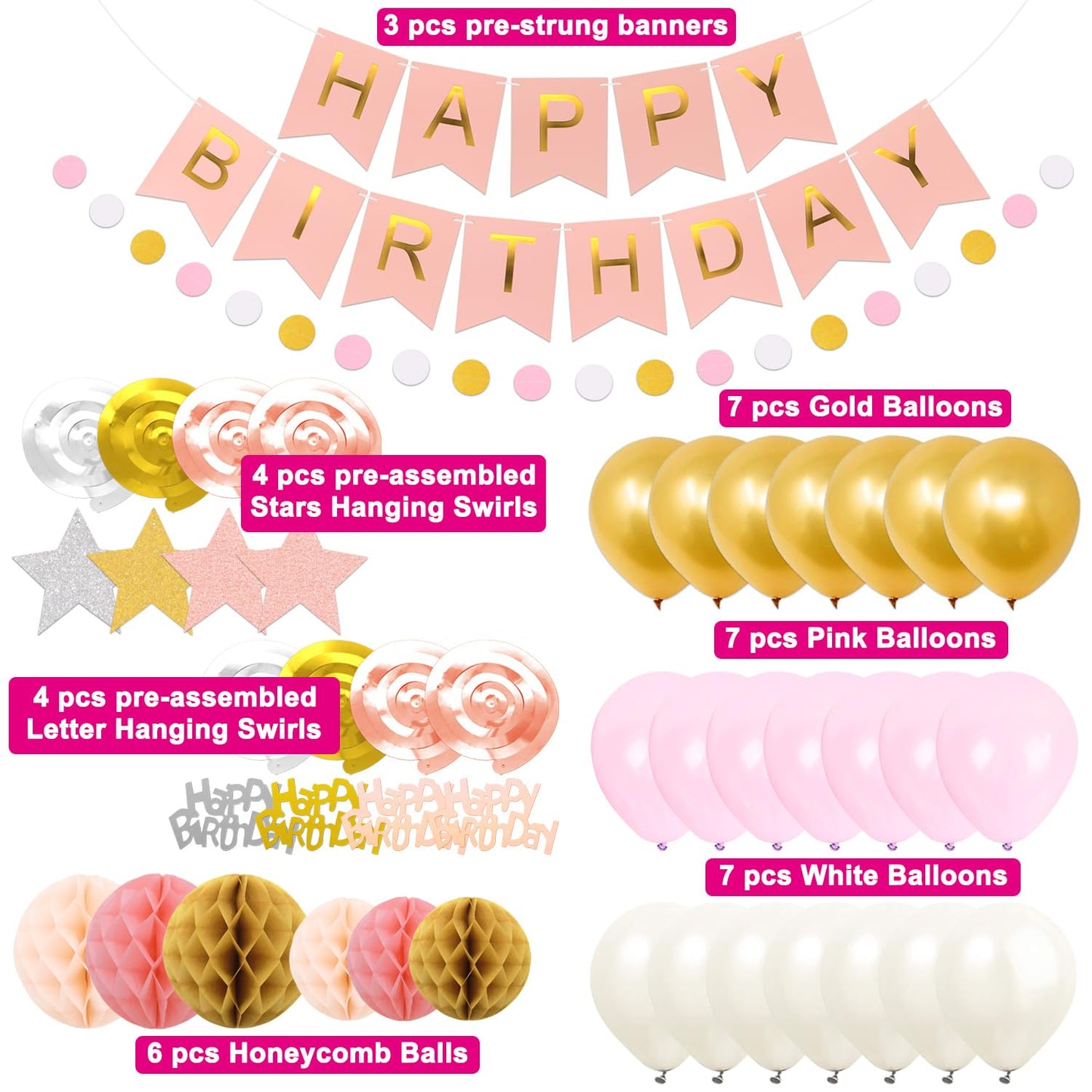 Birthday Decorations, NO DIY, Pre-Strung Happy Birthday Banner with Honeycomb Balls, Metallic paper Hanging Swirls Streamers, Circle Dots Garland, Party Paper Bunting for Women Men Boys Girls(Pink)
