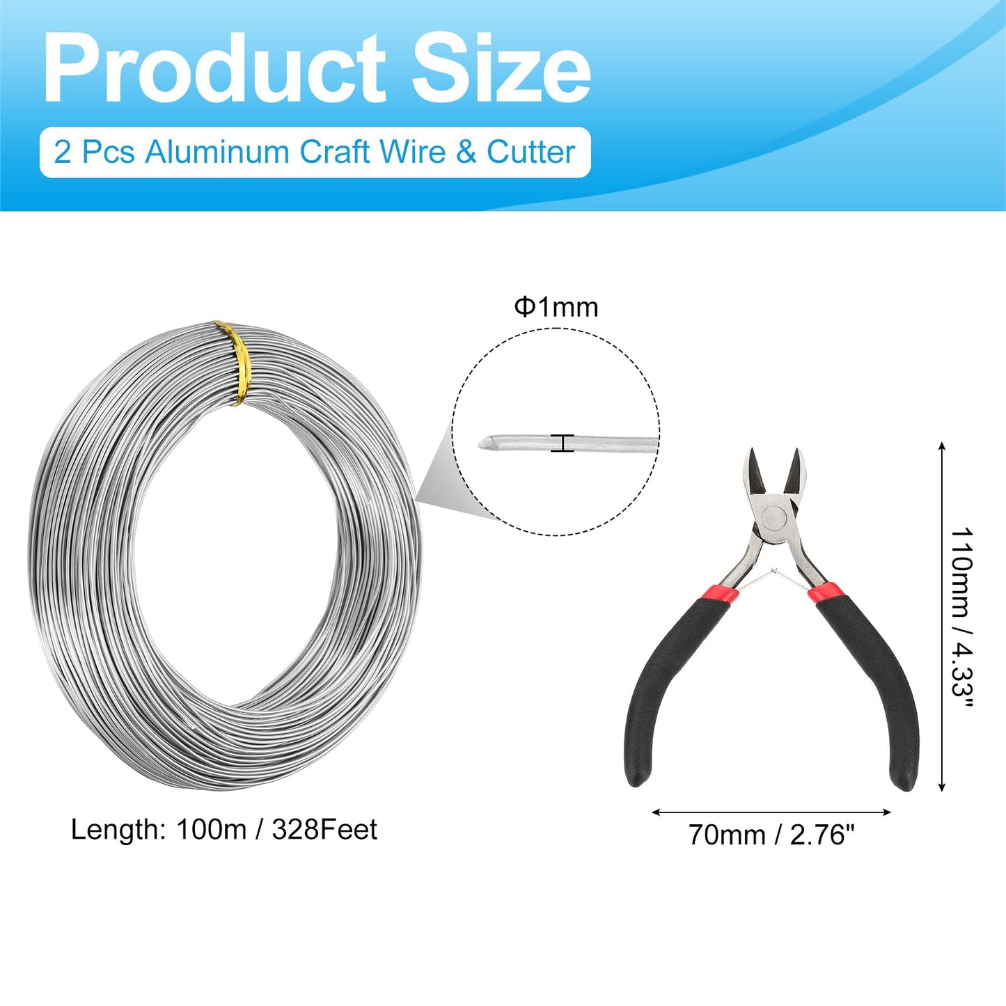 MECCANIXITY 328 Feet Aluminum Craft Wire, 18 Gauge (1mm) Sculpting Metal Armature Craft Wire for DIY Jewelry Making Beading Floral with Cutter Silver, 2 Pcs