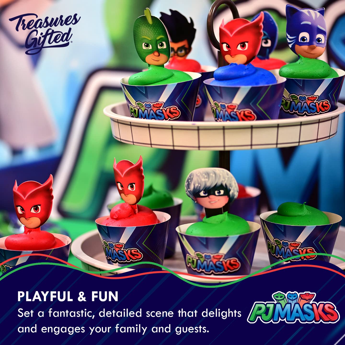 Treasures Gifted Officially Licensed PJ Masks Party Decorations - Cake Topper Set - PJ Masks Birthday Party Supplies - (1) Cake Topper & (24) Cupcake Toppers & Wrappers