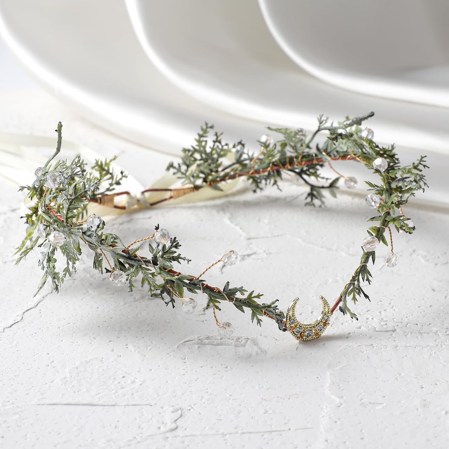 MOSTORY Green Flower Fairy Crown - Elf Crown Headpiece for Woodland Renaissance Costume Women, Floral Forest Circlet with Rhinestone for Renfaire Cosplay Photo Shoot