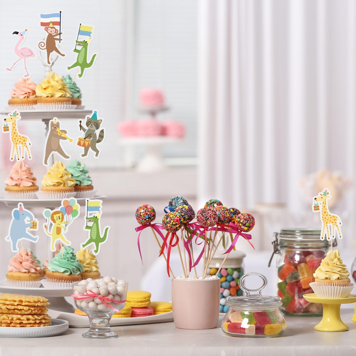 Potchen 148 Pcs Safari Cupcake Toppers and Rainbow Cupcake Liners Animal Parade Woodland Jungle Cake Decorations for Baby Shower Zoo Wild Animal Birthday Party Supplies