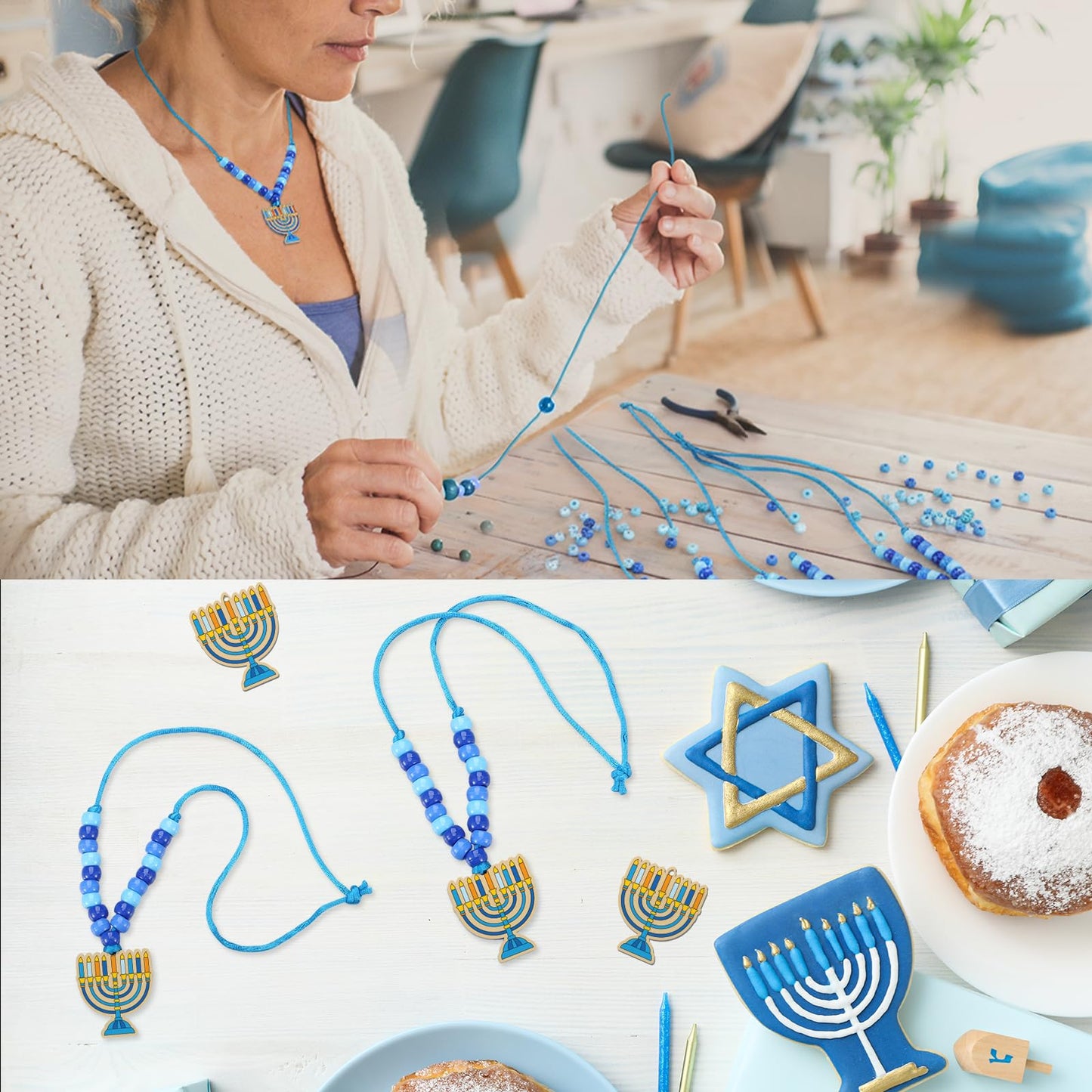 Ecally 24 Sets Hanukkah Craft Kits Hanukkah Menorah Bead Necklace Craft Make Your Own Chanukah Necklace for Jewish Gifts Festival Activities Home DIY Party Decorations
