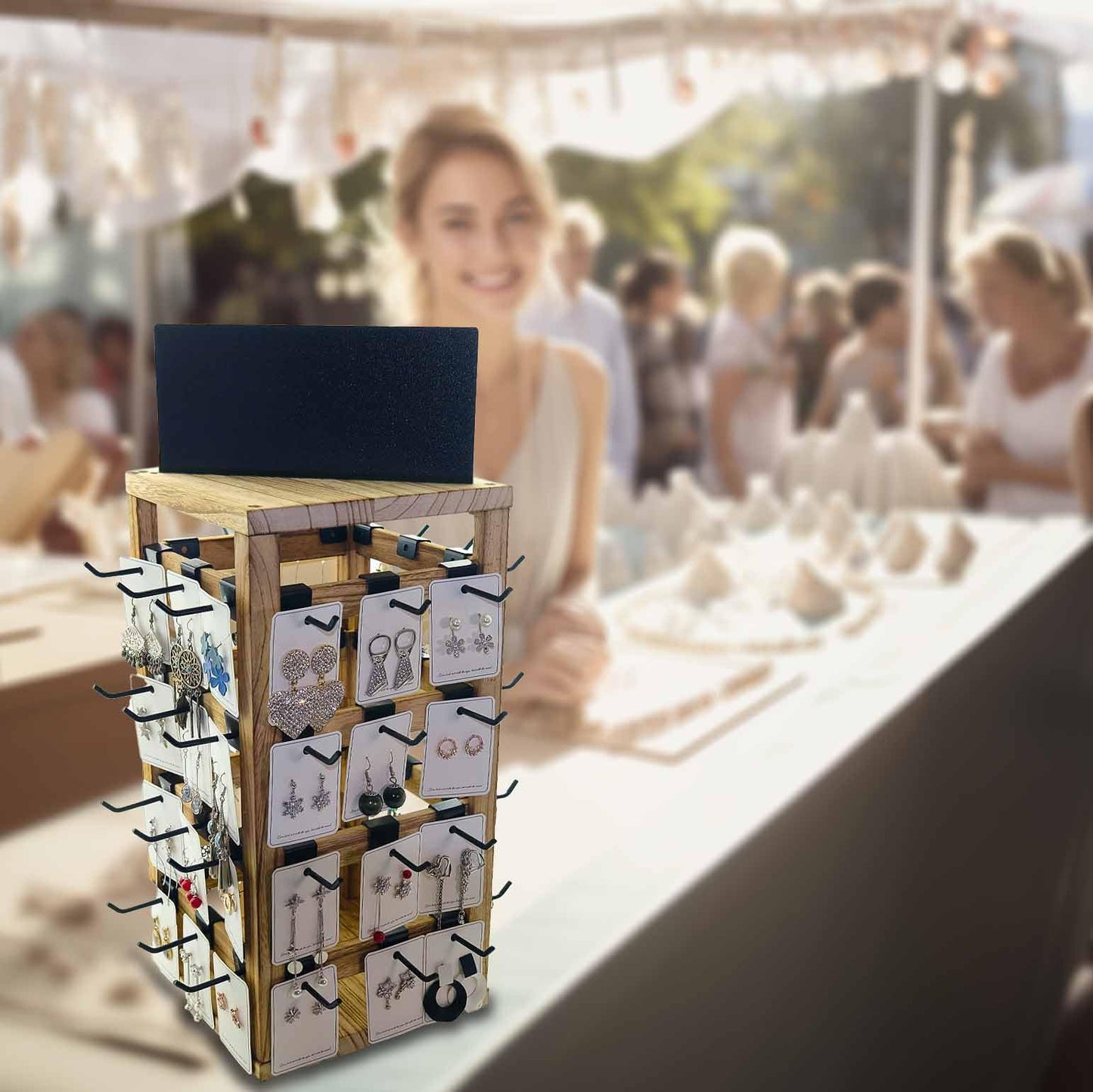 Jewack Wooden rotating Jewelry Display Stand with Removable 48 Hooks advertising board, For Earring Cards necklace bracelet Keychain Jewelry Organizer For Selling For vendor events (brown)