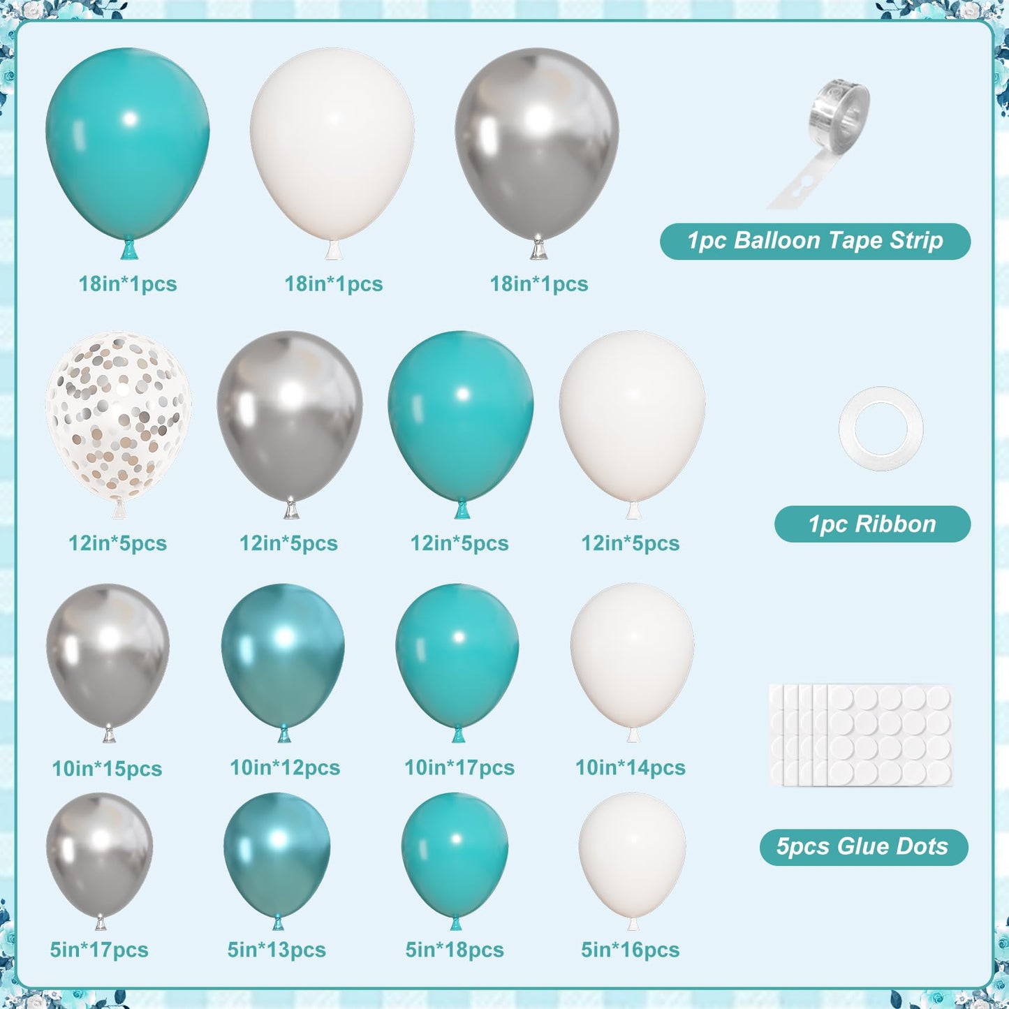Ouddy Life Teal Silver White Balloons Arch Kit, 152 Pcs Turquoise Blue White Metallic Teal Silver Confetti Balloon for Graduation Wedding Bridal Baby Shower Birthday Anniversary Party Decorations