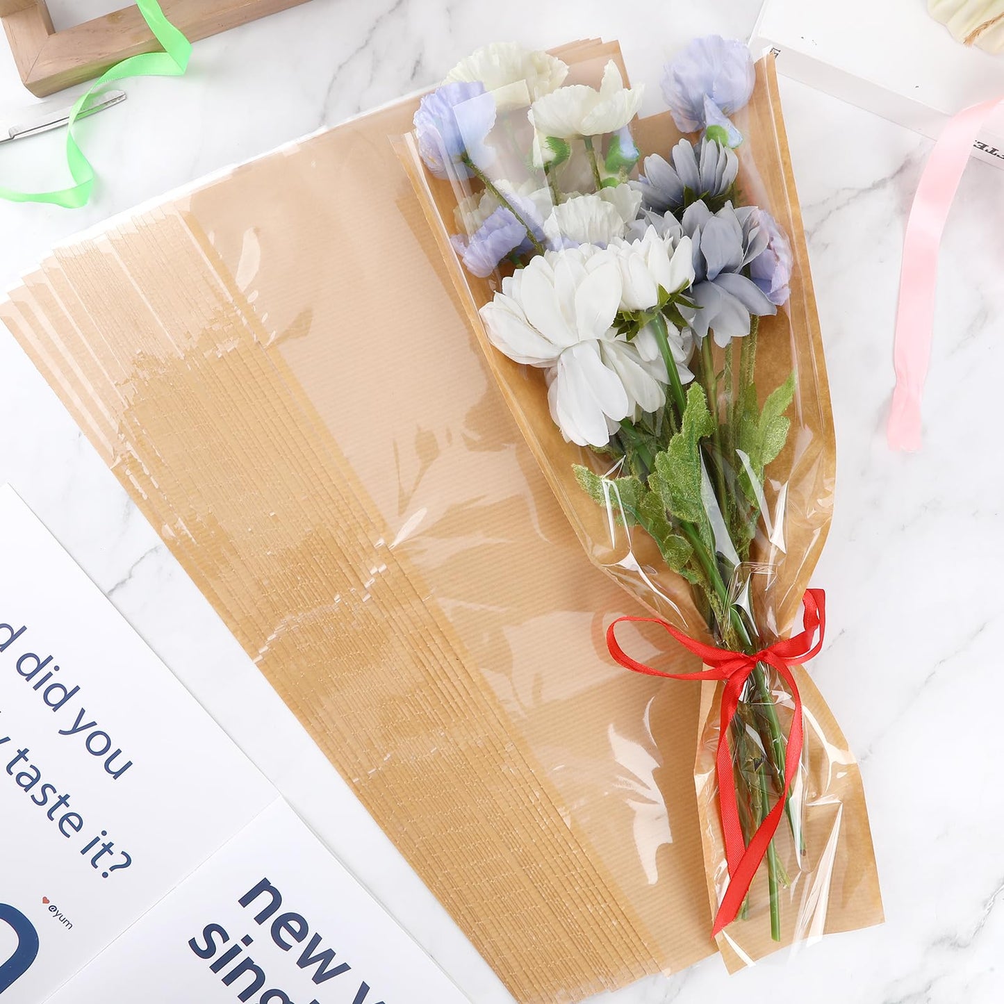 Jansun 40Pcs Flower Wrapping Bags Kraft Paper Flower Sleeves for Bouquets Flower Bags for Birthday Wedding Graduation Gift, Florist Wrap Supplies 9.8x17.9 Inch