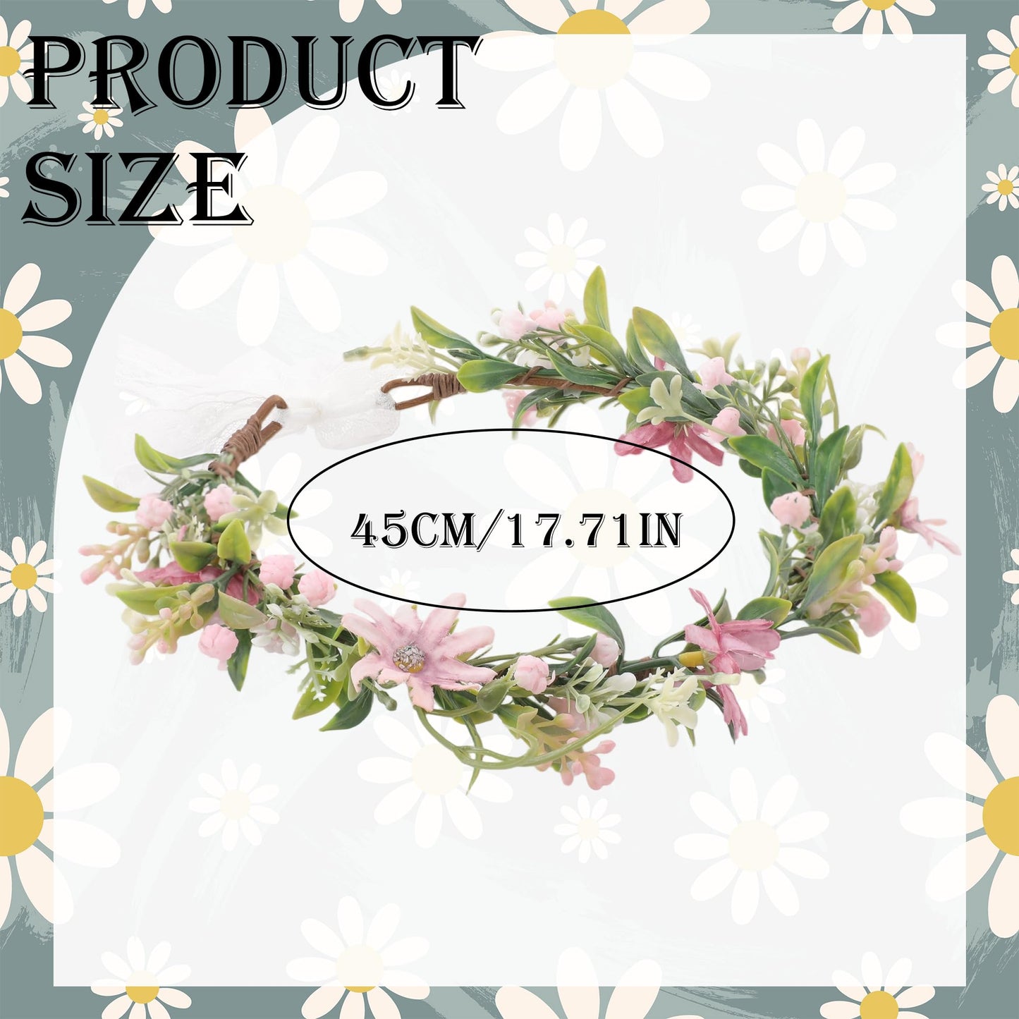 KorViSHOW Pink Flower Crown Headband, Artificial Daisy Flower Headpiece, Adjustable Fairy Floral Headband for Women Girls Renaissance Birthday Bride Wedding Festivals Party Photo Props