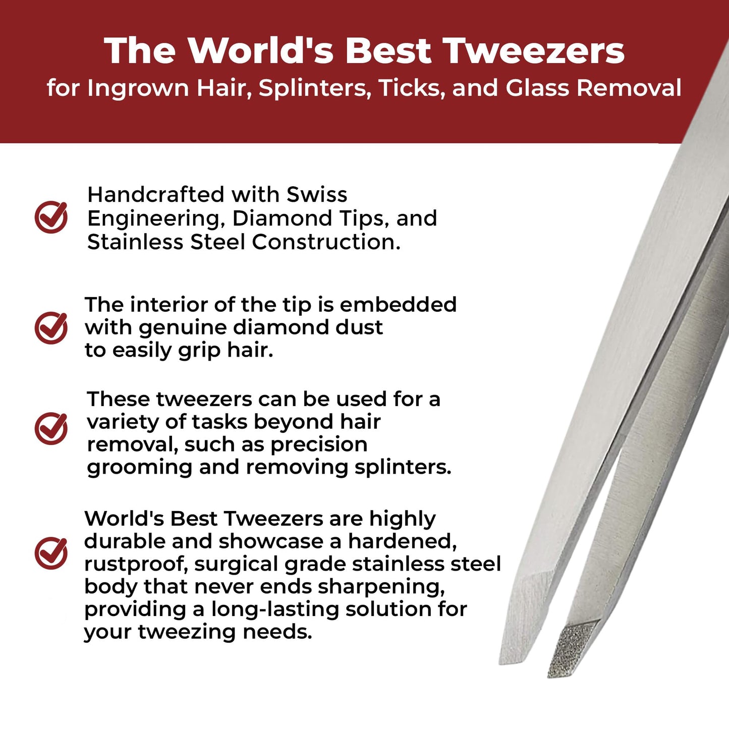 WBT Diamond Tip Tweezer- Grabs Hair from the Root, Diamond Coated Slant Tips Precision Tweezer for Eyebrow, Facial & Ingrown Hair Removal - Perfectly Aligned Tips Surgical Grade Steel Tool