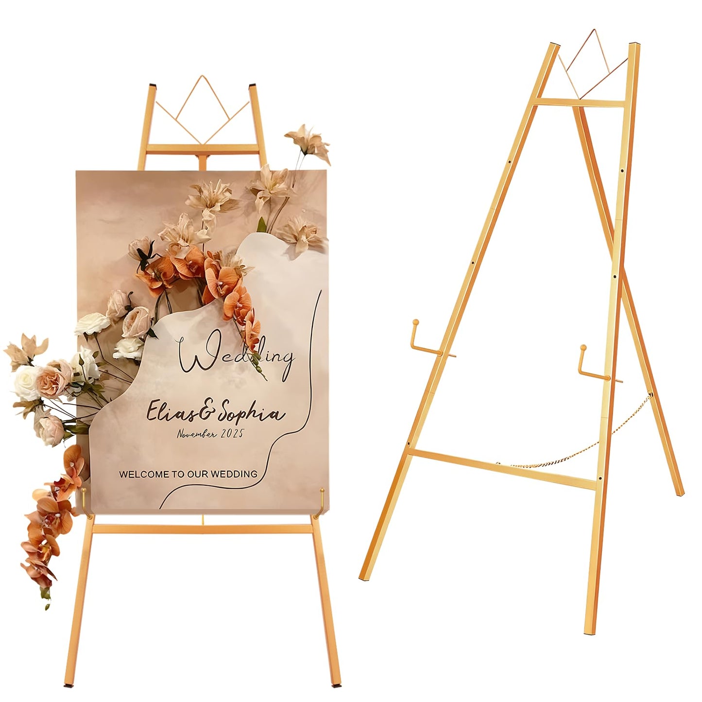 JEAWIWI Gold Easel Stand for Sign, 4-Tier Heavy Duty Metal Display Easels Stand with Adjustable Chain, Floor Easel for Wedding Sign, Painting, Commercial Display