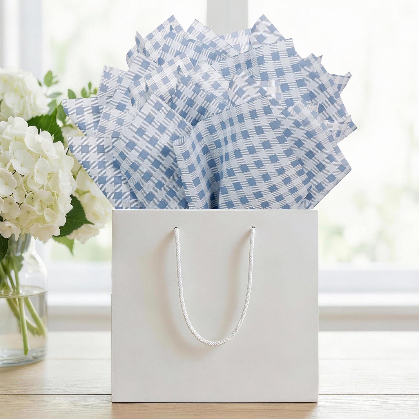 UNIQOOO 120 Sheets Dusty Blue Gingham Tissue Paper, Buffalo Plaid Gift Wrapping Tissue DIY Art Craft Tissue Paper for Wedding Birthday Baby Shower Bouquet Supplies, 20 x 14 Inch