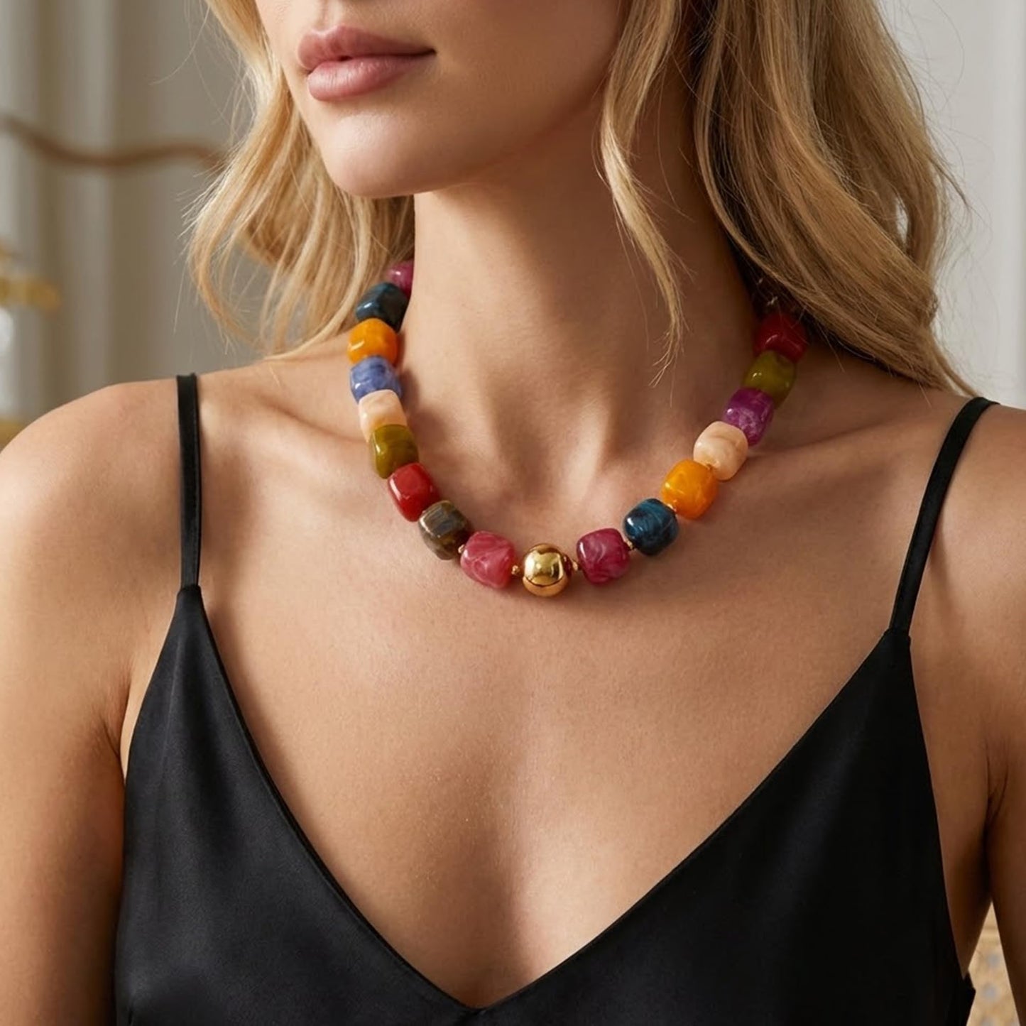 Mchic Colorful Beaded Choker Necklace for Women: Adjustable Boho Chunky Colorful Beads Strand Necklace Acrylic Square Bead Jewelry Summer Beach Vibe Handmade Stainless Steel Necklace Gift
