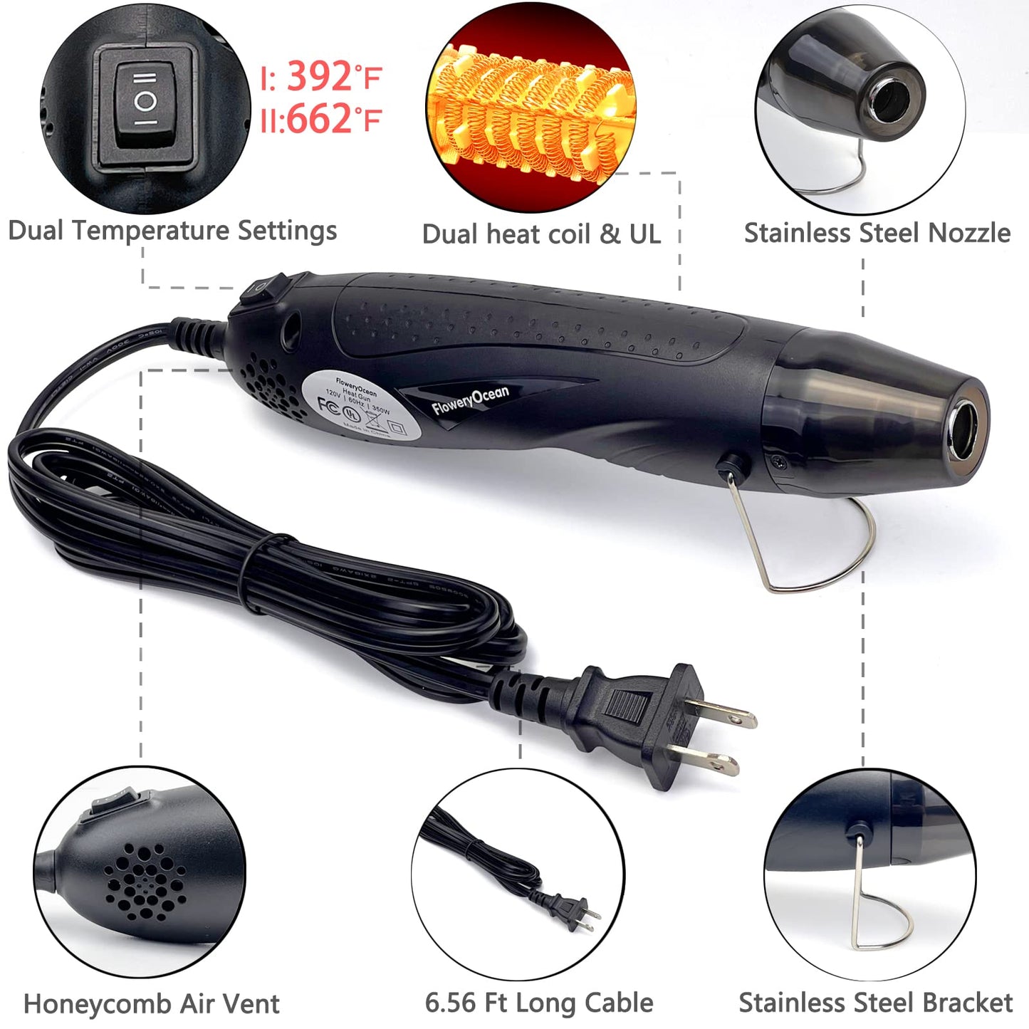FloweryOcean Mini Heat Gun + Reflector Nozzles Kit 350W Fast Heat Hot Air Gun Overload Protection 2 Temp Setting 392°F-662°F & 6.6Ft Long Cable for Craft Shrink WrappingTubing Stripping Paint
