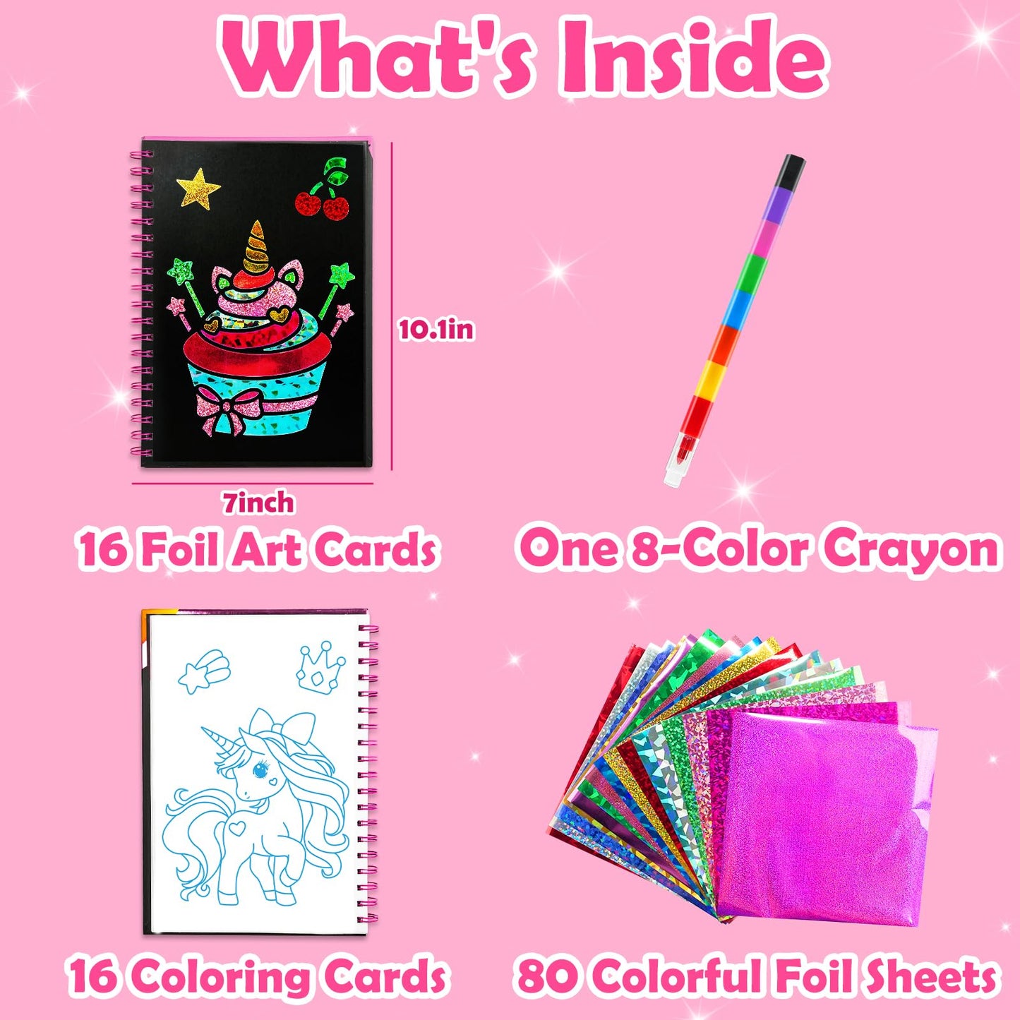 FUNNYB&G Foil Art Craft Kit for Girls 4-10 Years Old: Mess-Free & No-Glue, Create 16 Sparkly Unicorns Pictures – Perfect Travel Toy & Birthday Gift for Kids（Unicorns）