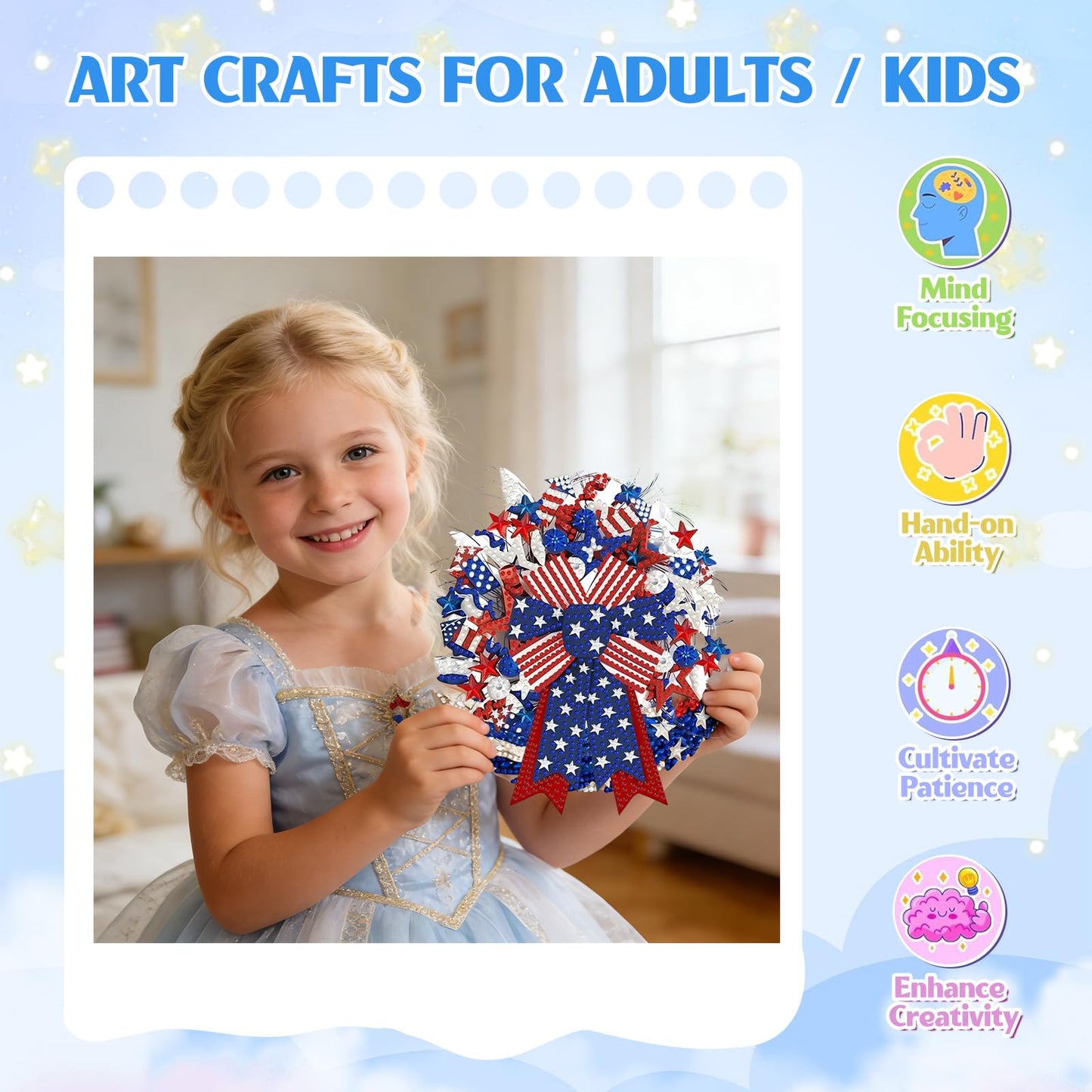 GHHKUD Diamond Art Hanging Patriotic Wreath Bows Kits for Adults, DIY 5D Diamond Art Craft Painting 4th of July Independence Day, Special Shaped Acrylic Pendants for Window Home Garden