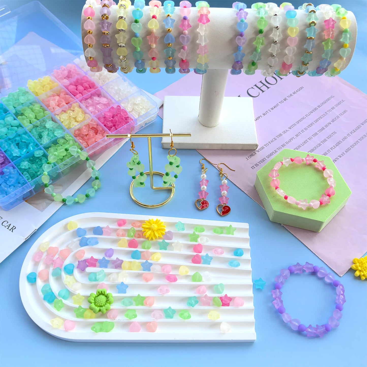 1000Pcs Matte Acrylic Star Beads Hart Beads for Bracelet Jewelry Making Jelly Color Frosted Pastel Beads Colorful Cute Aesthetic Kawaii Bead Charms for DIY Necklace Keychain Phone Charms