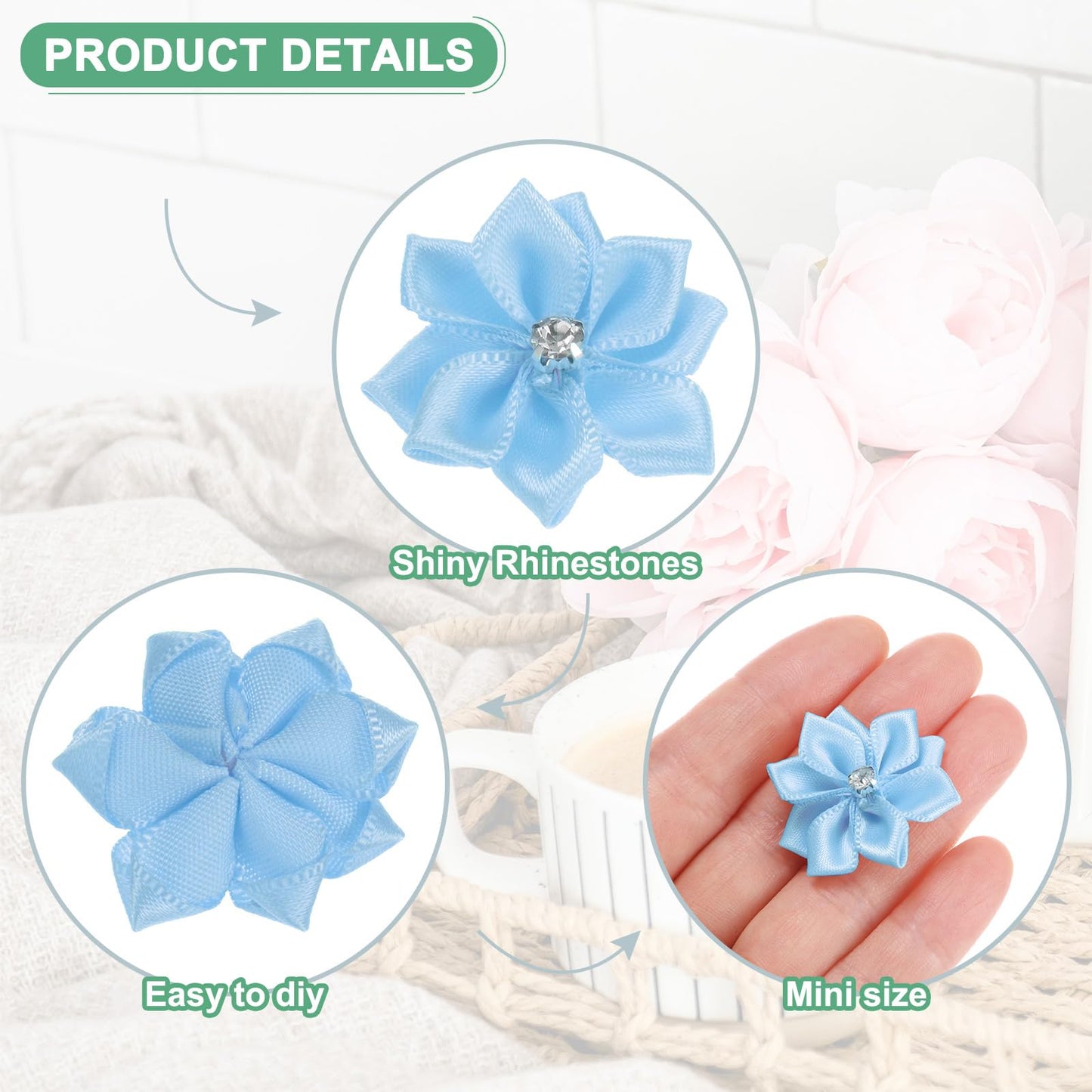 M METERXITY 200-Pack Satin Ribbon Flowers, 1.2 Inch Mini Fabric Flowers with Rhinestones Flower Ribbon Appliques for Crafts DIY/Wedding/Ornament/Party/Home [Blue]