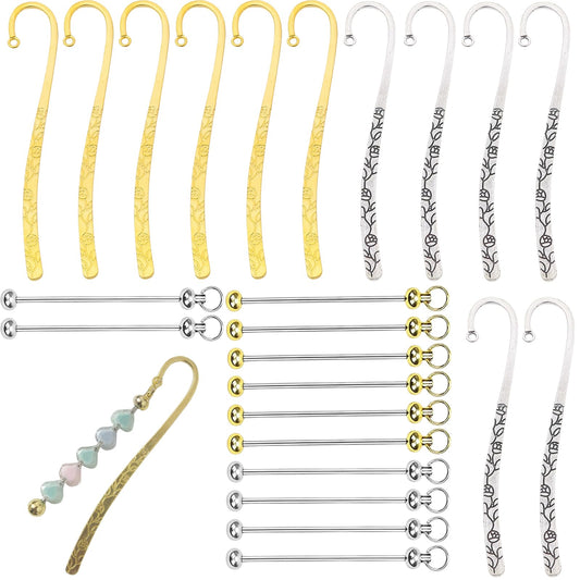 YFXJC 12 Pcs Beadable Bookmarks DIY Metal Blank Bar Bookmark for Beads Metal Bookmark Hairpin Hook Carved Antique Vintage Bookmarks Gift for Book Lovers Student Teacher Office Supplies, Silver+Gold
