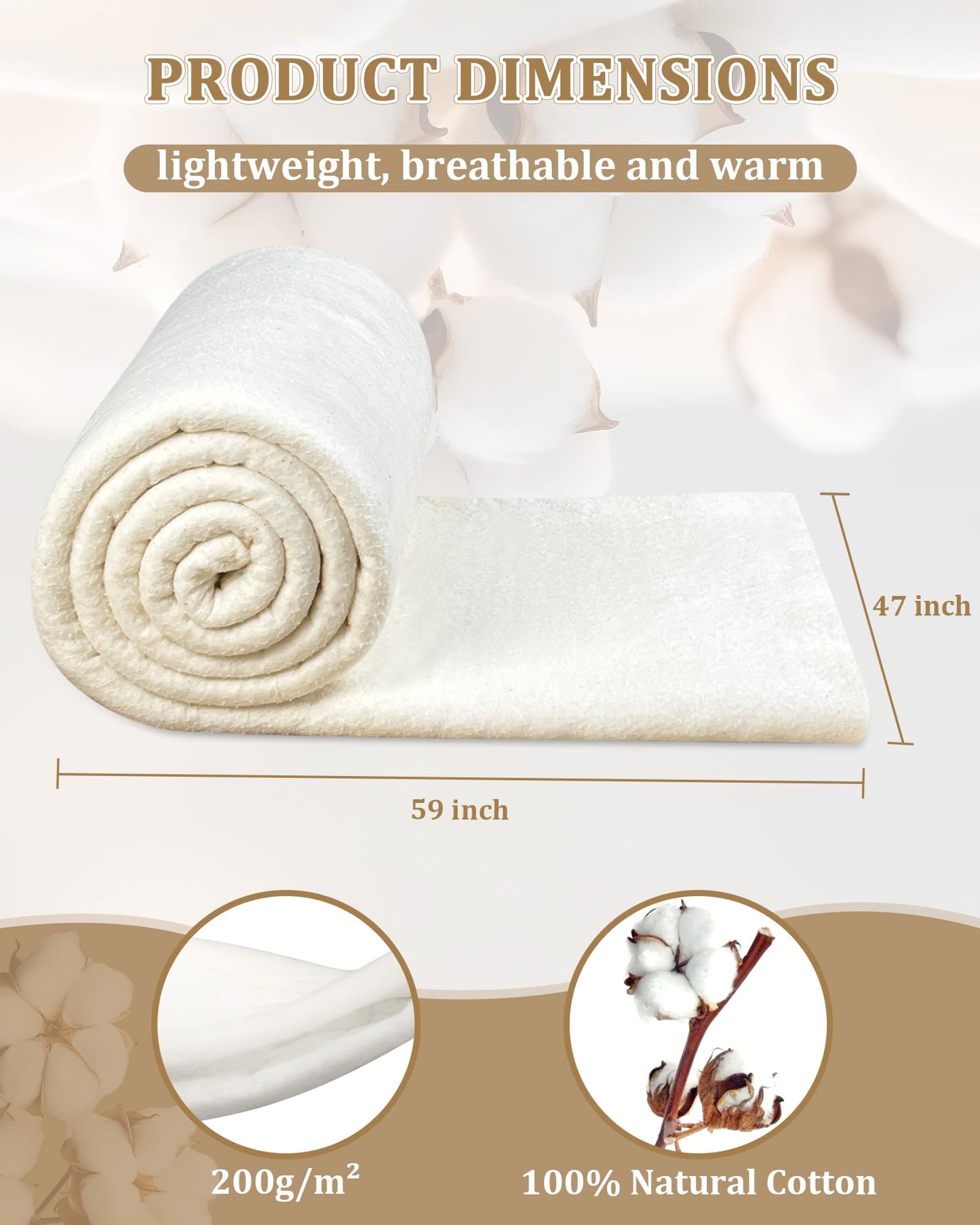 PLANTIONAL Grinding Natural Cotton Quilt Batting: 47-Inch x 59-Inch Light Weight Purely Natural All Season Quilt Batting for Quilts, Craft and Wearable Arts