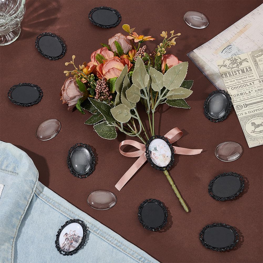 PH PandaHall 10 Sets Brooch Cabochon Making Kit, 40x30mm Vintage Oval Brooch Bezel Blank Photo Brooches Memorial Photo Pins with Clear Glass Cabochons for Jewelry Making Wedding Party, Black