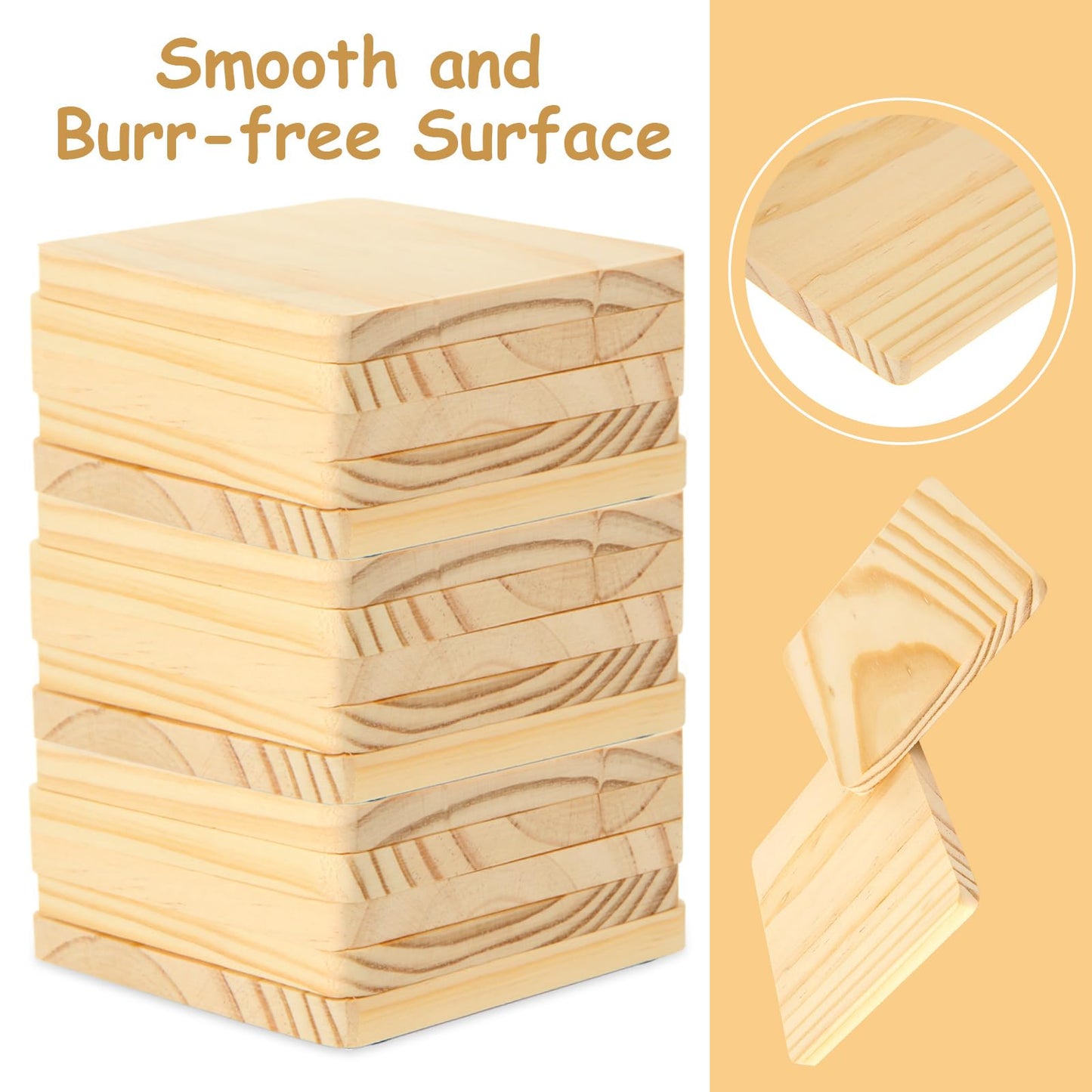 CYEAH 50 Pcs Unfinished Square Wood Coasters, 4 inch Blank Wooden Craft Coasters with Non-Slip Foam Pad Stickers, Wooden Slices for Nature Crafts & Wedding Decoration Painting Wood Engraving