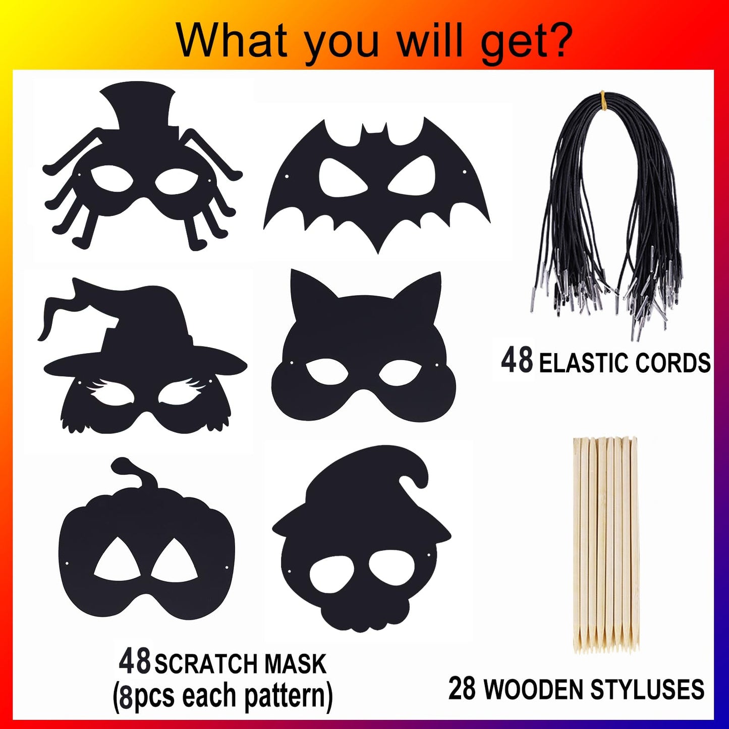 Max Fun 48PCS Halloween Crafts for Kids Kit, Rainbow Scratch Art and Crafts Mask, Birthday Cosplay Classroom Decoration, Magic Scratch Paper Halloween Party Favors Supplies Bat Witch Pumpkin Zombie